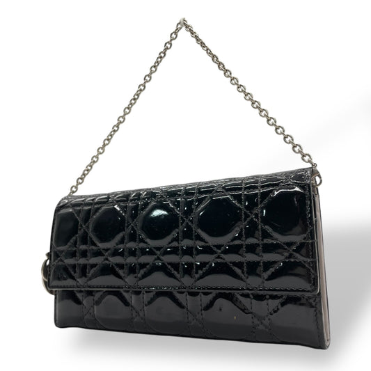 Christian Dior クリスチャンディオール レディディオール カナージュ パテントレザー チェーンウォレット 黒 ブラック シルバー金具 長財布 レディース W4