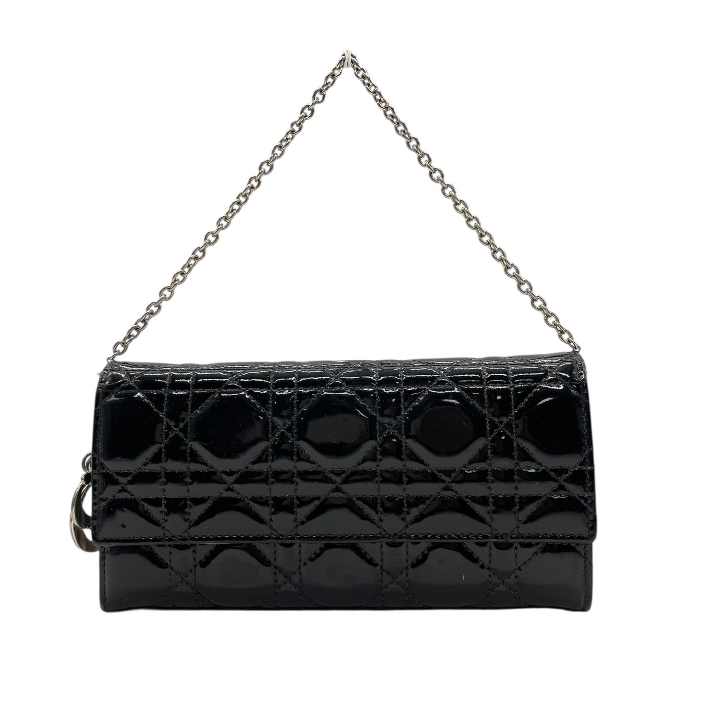 Christian Dior クリスチャンディオール レディディオール カナージュ パテントレザー チェーンウォレット 黒 ブラック シルバー金具 長財布 レディース W4