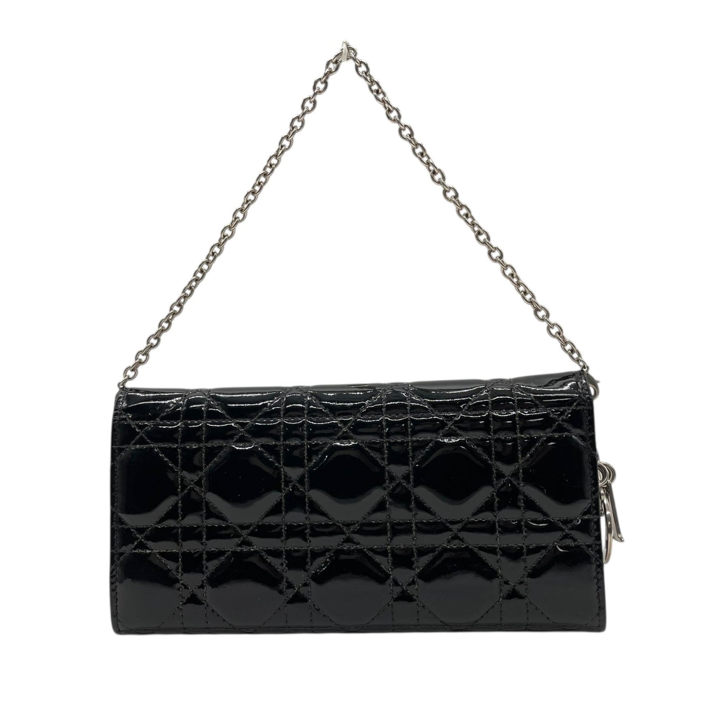 Christian Dior クリスチャンディオール レディディオール カナージュ パテントレザー チェーンウォレット 黒 ブラック シルバー金具 長財布 レディース W4