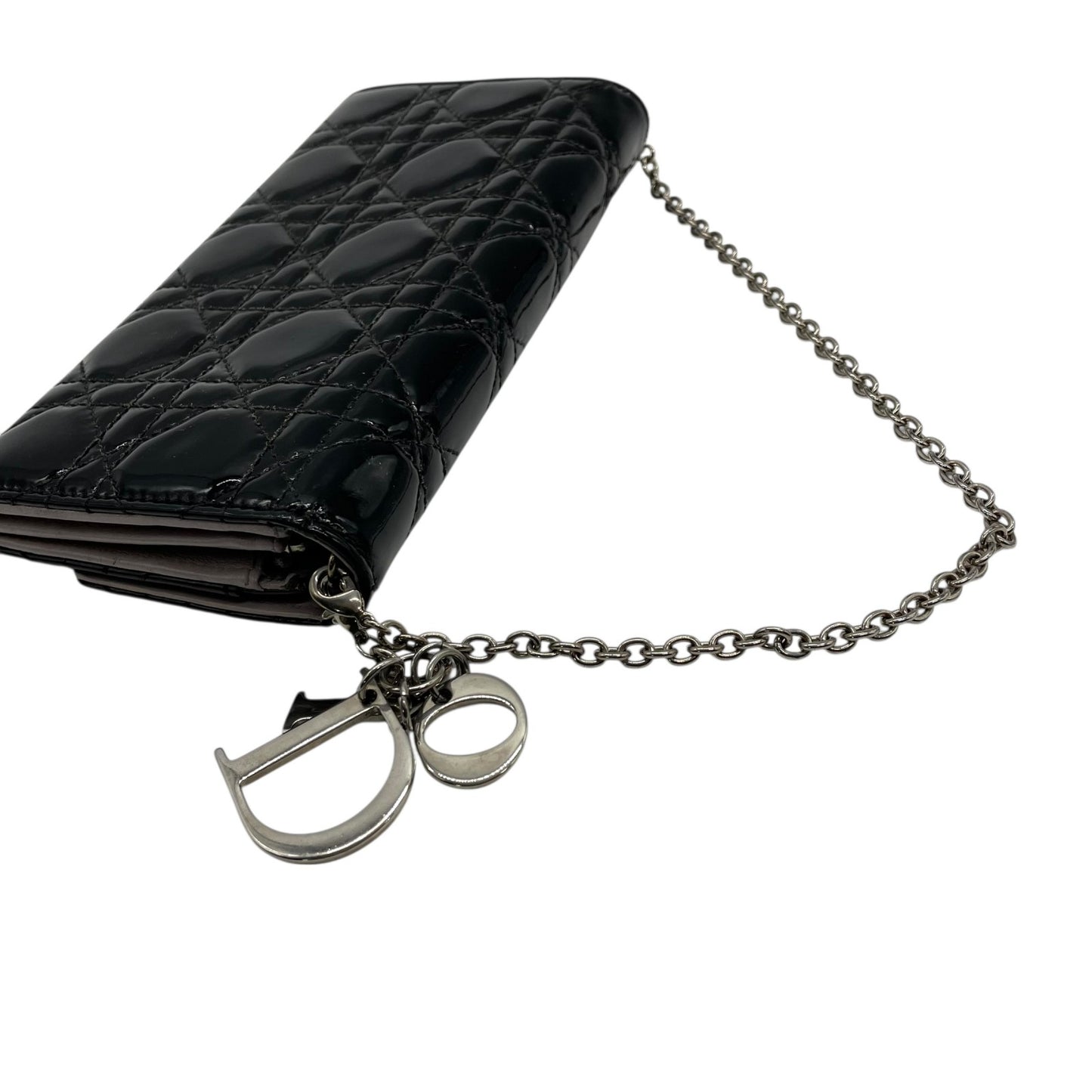 Christian Dior クリスチャンディオール レディディオール カナージュ パテントレザー チェーンウォレット 黒 ブラック シルバー金具 長財布 レディース W4