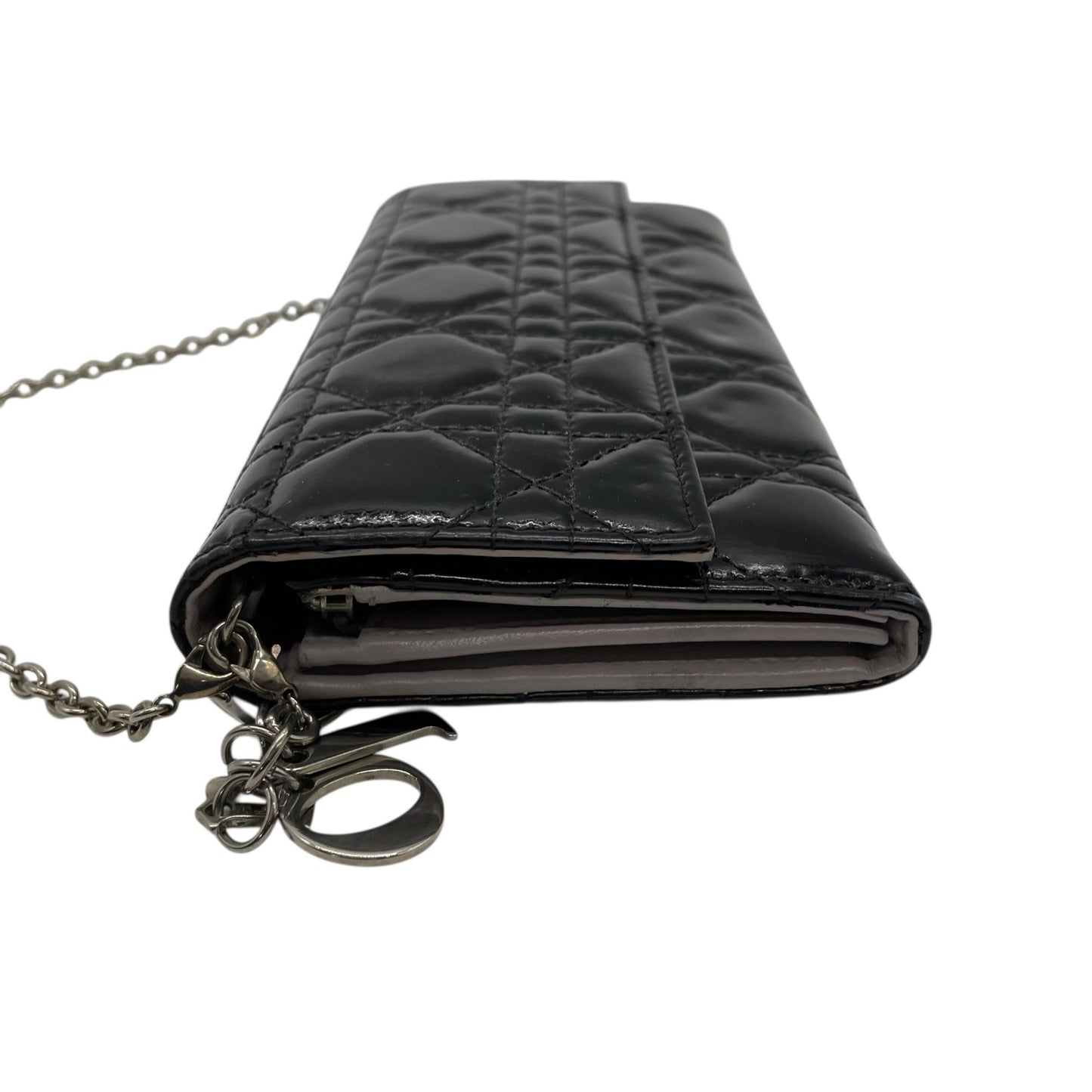 Christian Dior クリスチャンディオール レディディオール カナージュ パテントレザー チェーンウォレット 黒 ブラック シルバー金具 長財布 レディース W4