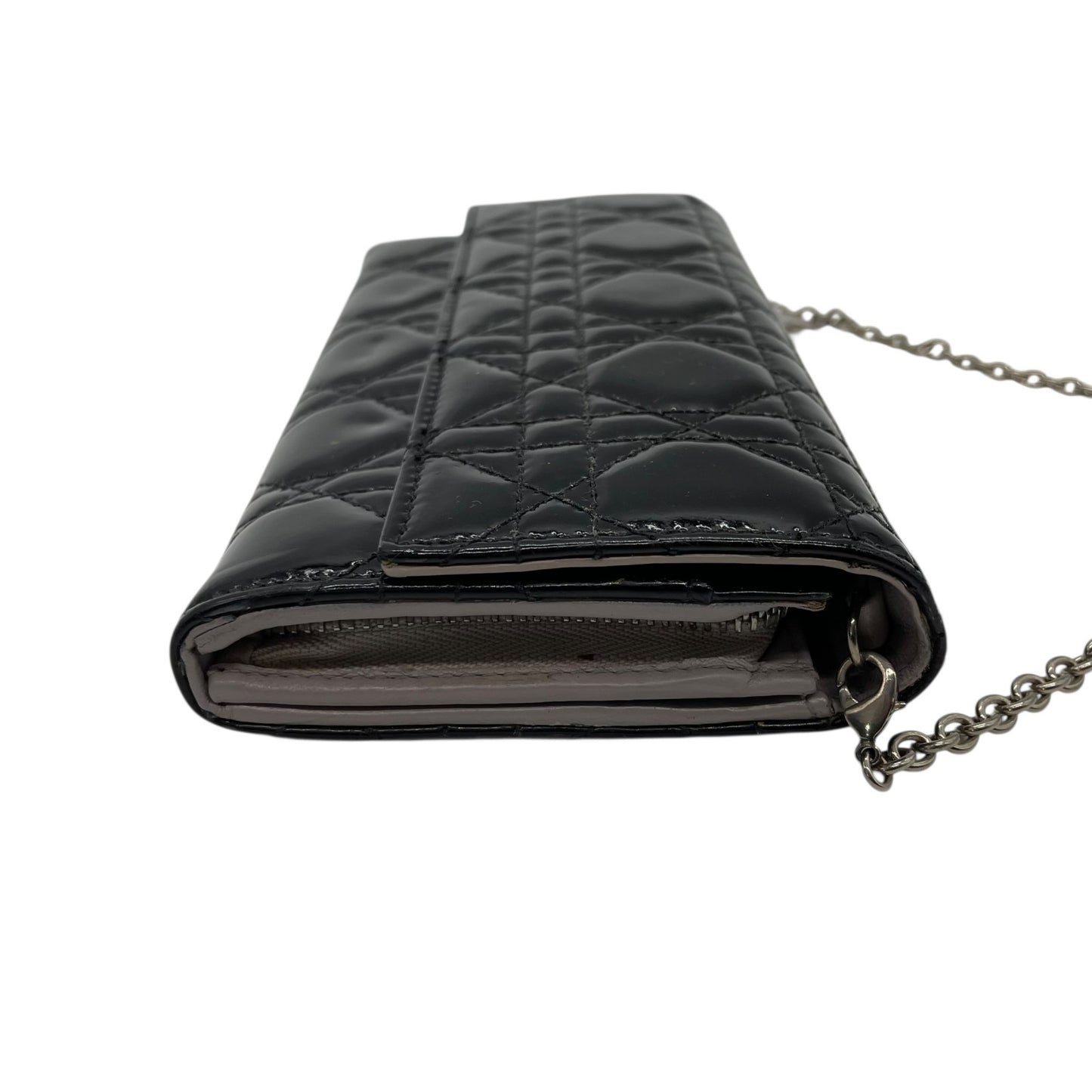Christian Dior クリスチャンディオール レディディオール カナージュ パテントレザー チェーンウォレット 黒 ブラック シルバー金具 長財布 レディース W4