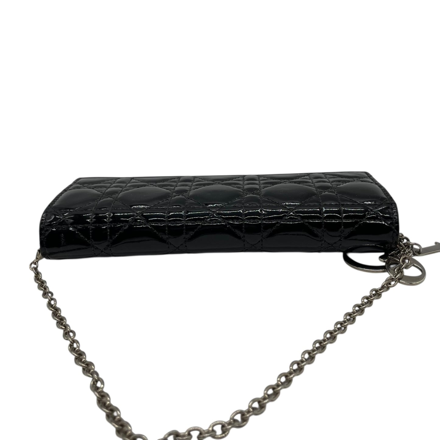 Christian Dior クリスチャンディオール レディディオール カナージュ パテントレザー チェーンウォレット 黒 ブラック シルバー金具 長財布 レディース W4