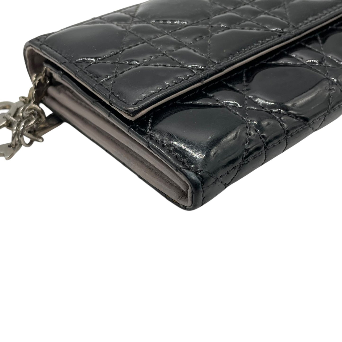 Christian Dior クリスチャンディオール レディディオール カナージュ パテントレザー チェーンウォレット 黒 ブラック シルバー金具 長財布 レディース W4