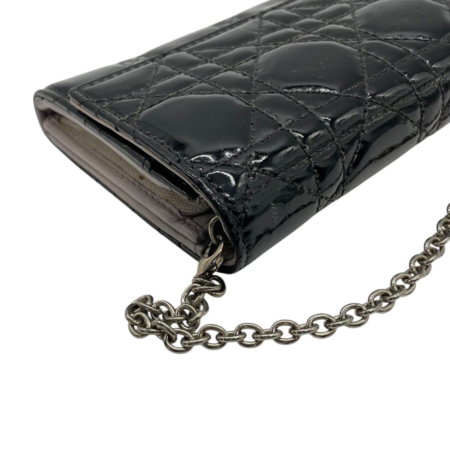 Christian Dior クリスチャンディオール レディディオール カナージュ パテントレザー チェーンウォレット 黒 ブラック シルバー金具 長財布 レディース W4