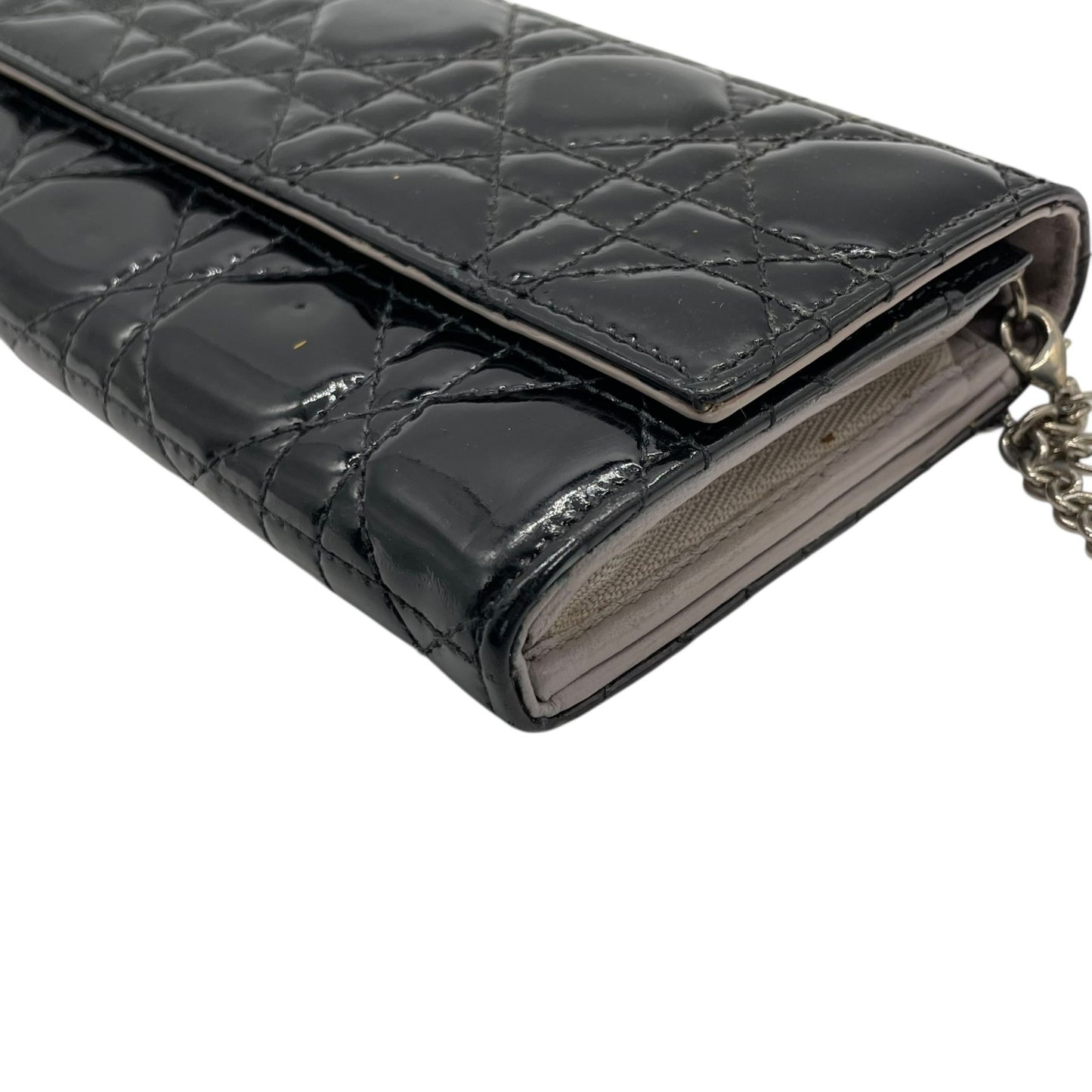 Christian Dior クリスチャンディオール レディディオール カナージュ パテントレザー チェーンウォレット 黒 ブラック シルバー金具 長財布 レディース W4
