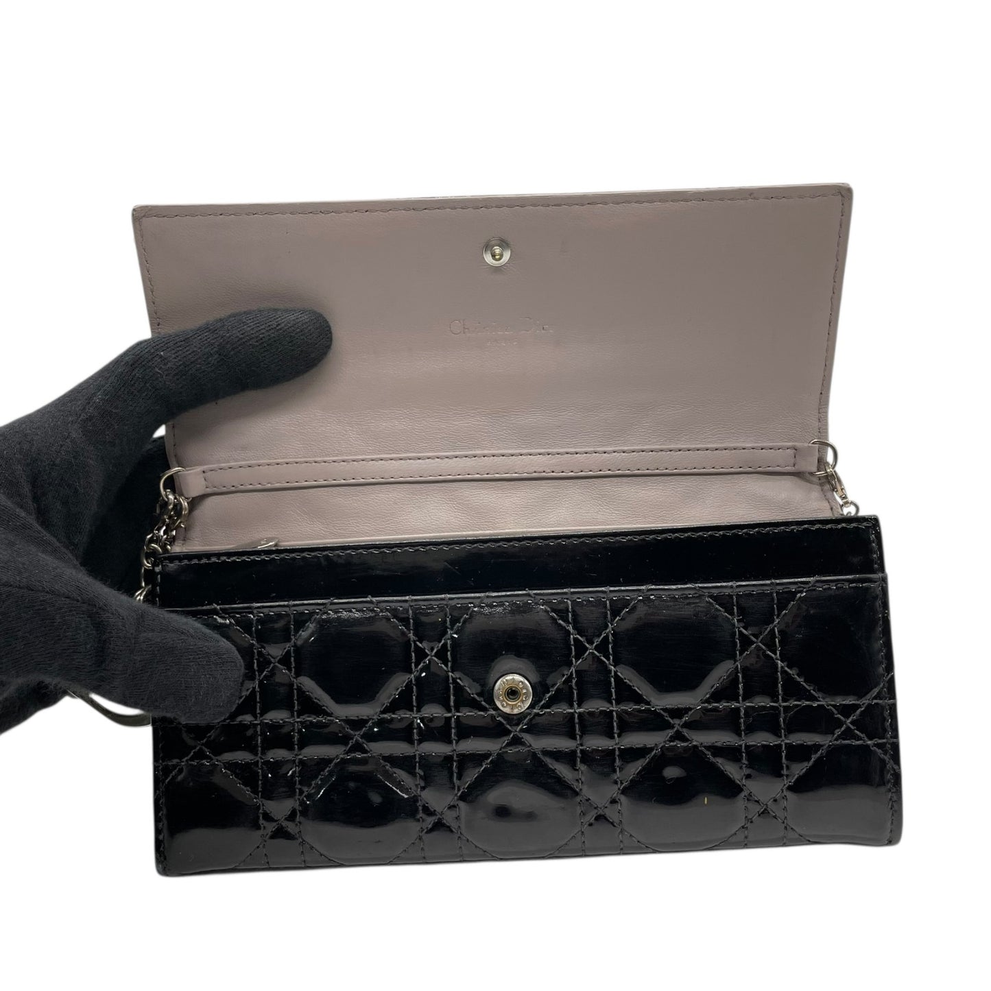 Christian Dior クリスチャンディオール レディディオール カナージュ パテントレザー チェーンウォレット 黒 ブラック シルバー金具 長財布 レディース W4