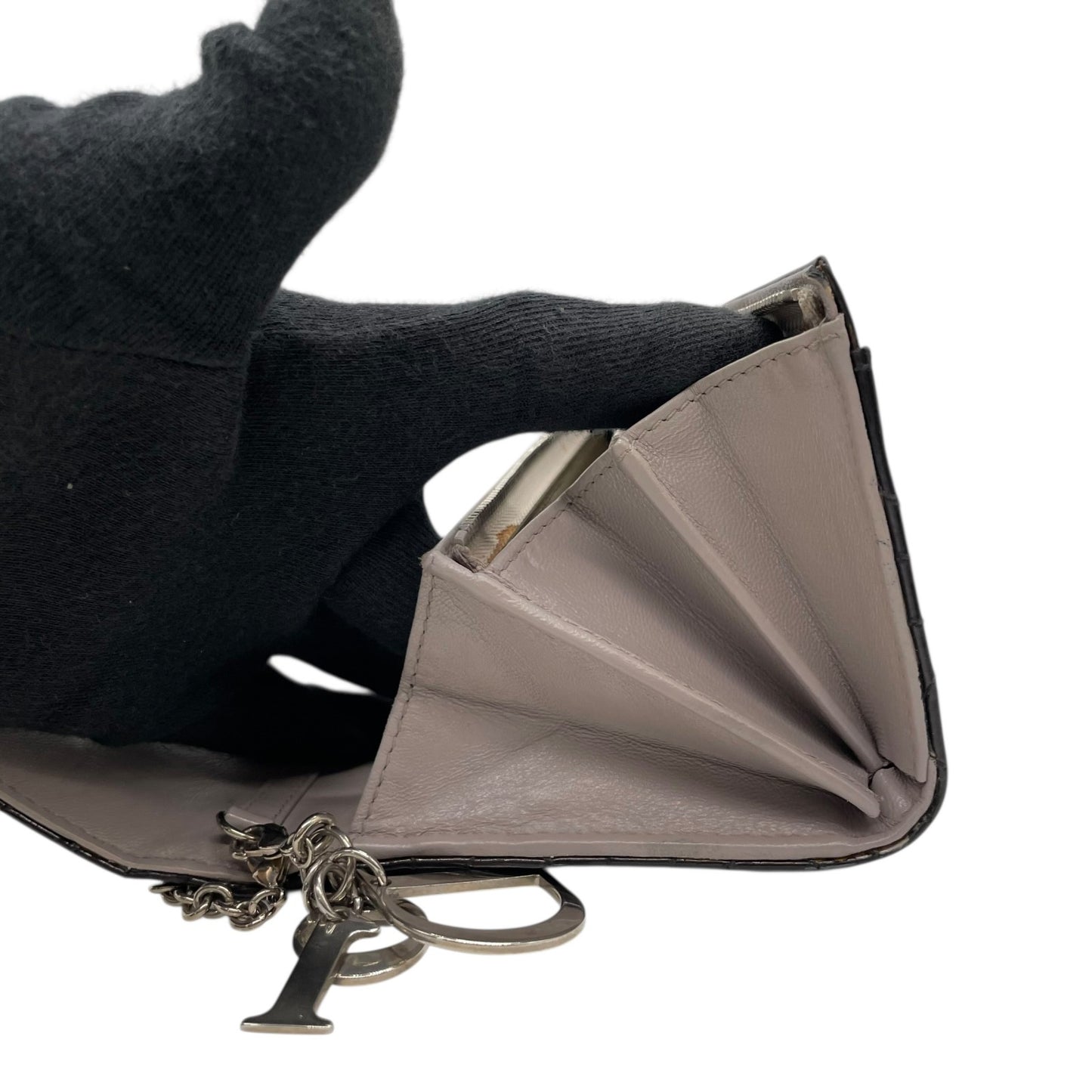 Christian Dior クリスチャンディオール レディディオール カナージュ パテントレザー チェーンウォレット 黒 ブラック シルバー金具 長財布 レディース W4