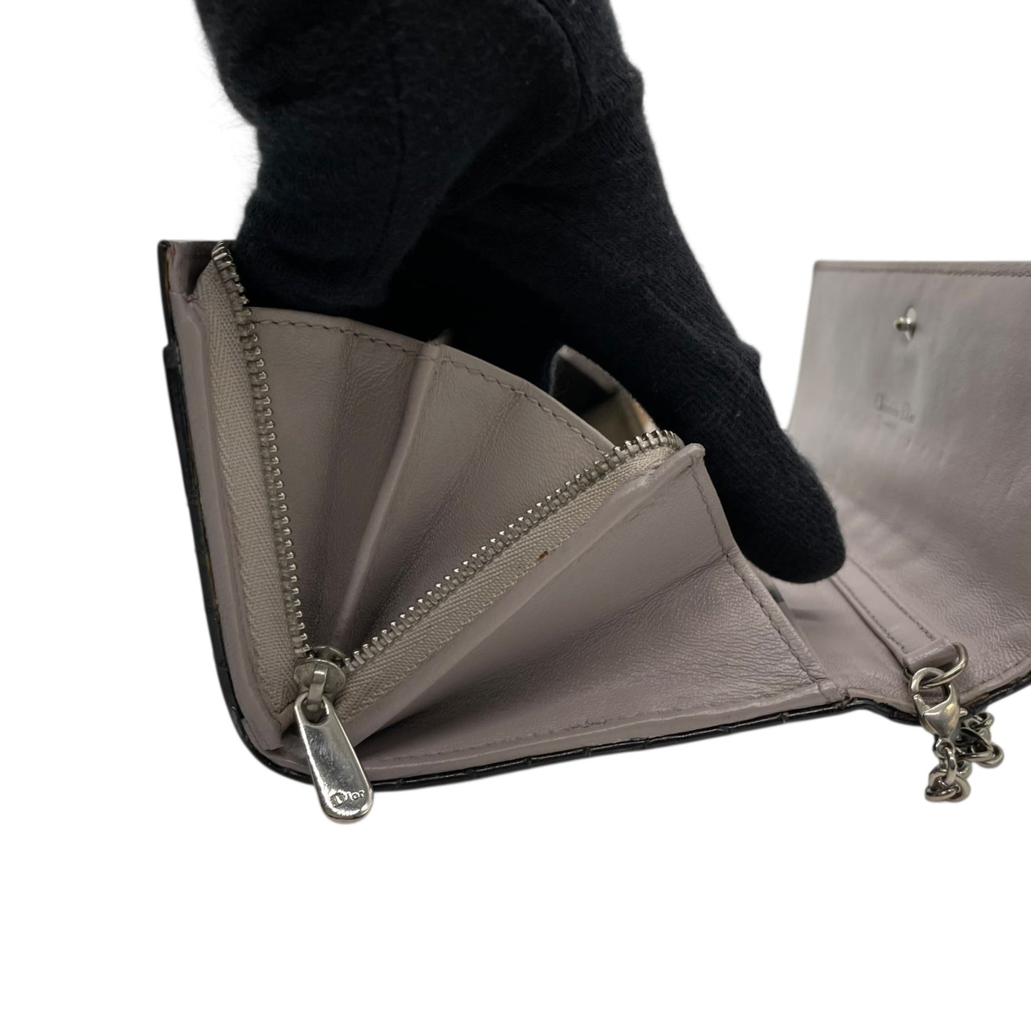 Christian Dior クリスチャンディオール レディディオール カナージュ パテントレザー チェーンウォレット 黒 ブラック シルバー金具 長財布 レディース W4