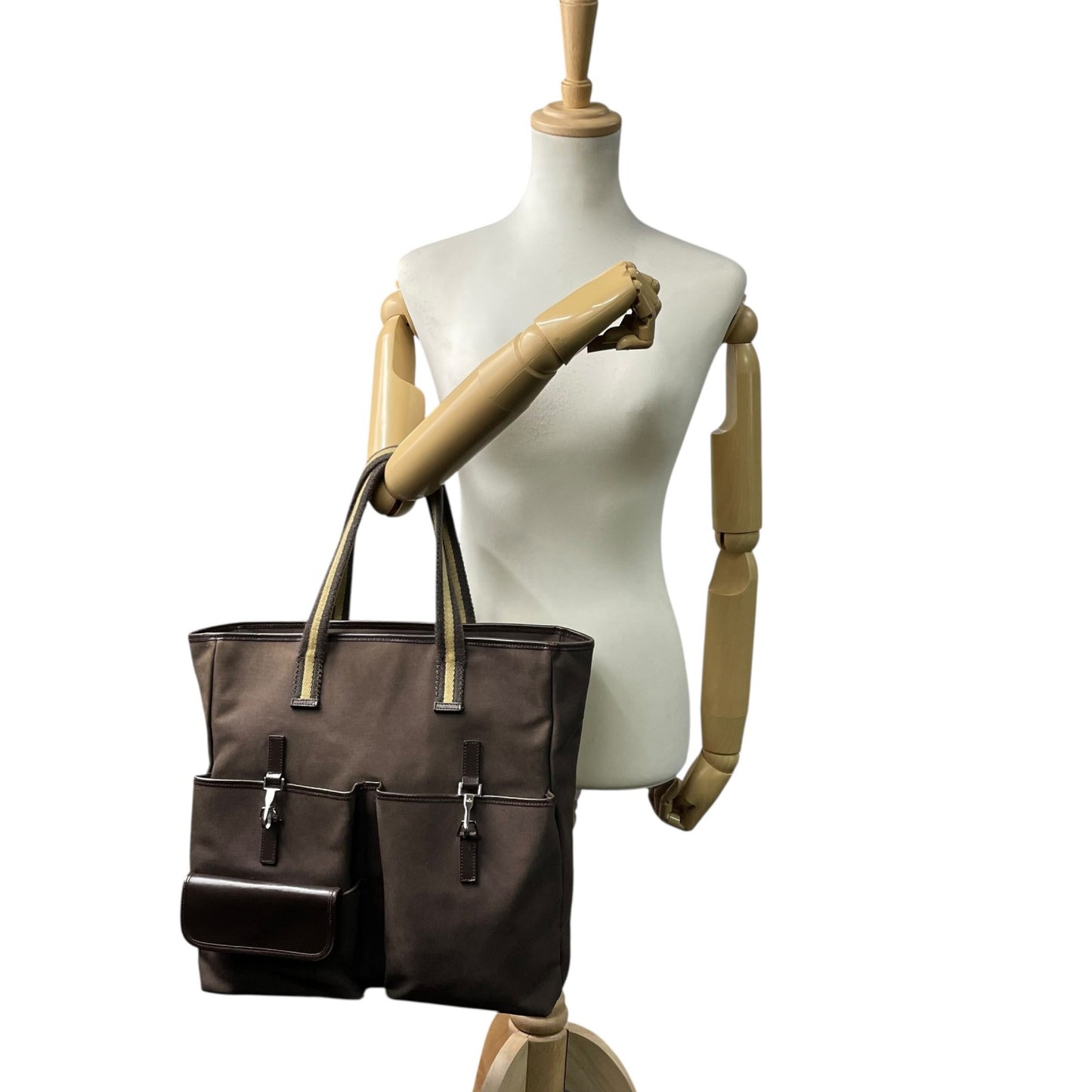 GUCCI グッチ キャンバス レザー ダブルポケット トートバッグ ブラウン シルバー金具 大容量 メンズ レディース ユニセックス U17