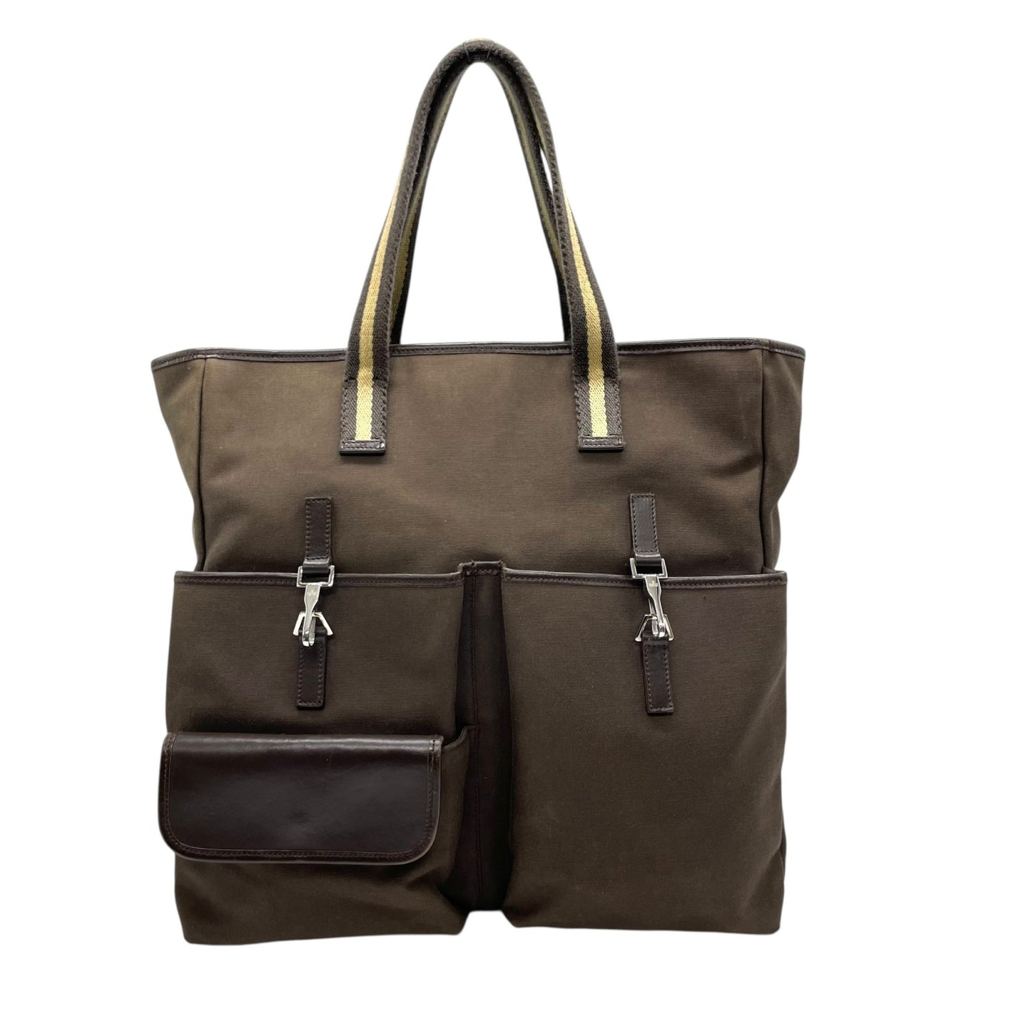 GUCCI グッチ キャンバス レザー ダブルポケット トートバッグ ブラウン シルバー金具 大容量 メンズ レディース ユニセックス U17