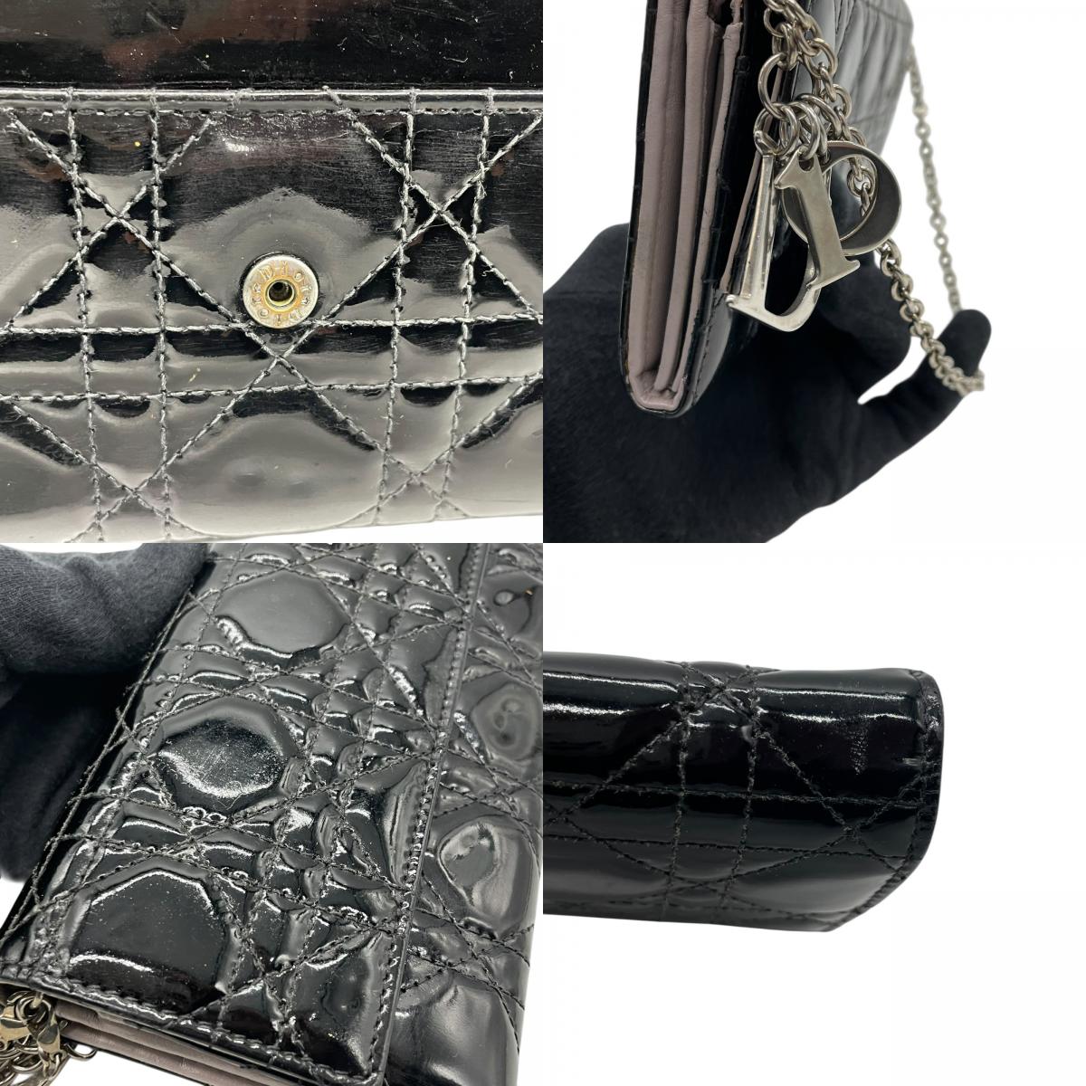 Christian Dior クリスチャンディオール レディディオール カナージュ パテントレザー チェーンウォレット 黒 ブラック シルバー金具 長財布 レディース W4