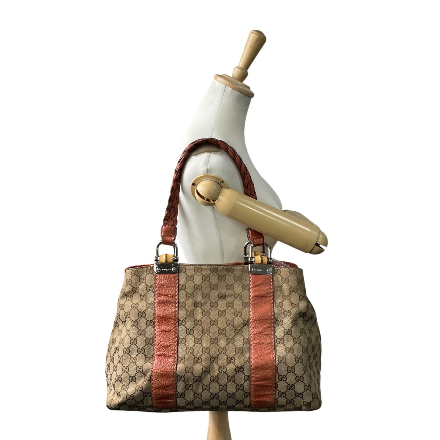 GUCCI グッチ GGキャンバス バンブー トートバッグ レザー ブラウン シルバー金具 ハンドバッグ 大容量 レディース U15