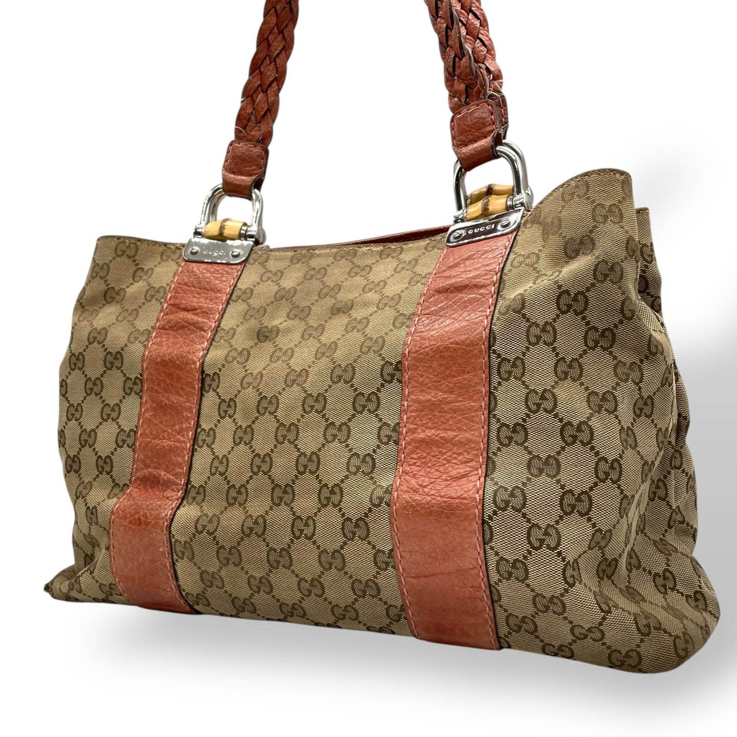 GUCCI グッチ GGキャンバス バンブー トートバッグ レザー ブラウン シルバー金具 ハンドバッグ 大容量 レディース U15