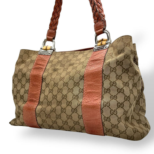 GUCCI グッチ GGキャンバス バンブー トートバッグ レザー ブラウン シルバー金具 ハンドバッグ 大容量 レディース U15
