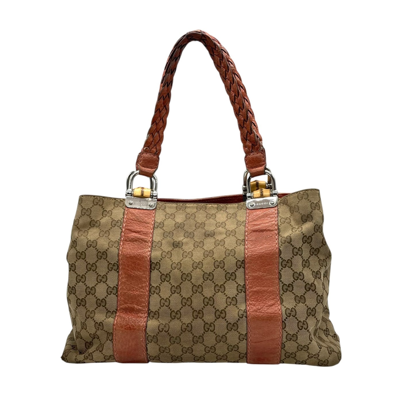 GUCCI グッチ GGキャンバス バンブー トートバッグ レザー ブラウン シルバー金具 ハンドバッグ 大容量 レディース U15