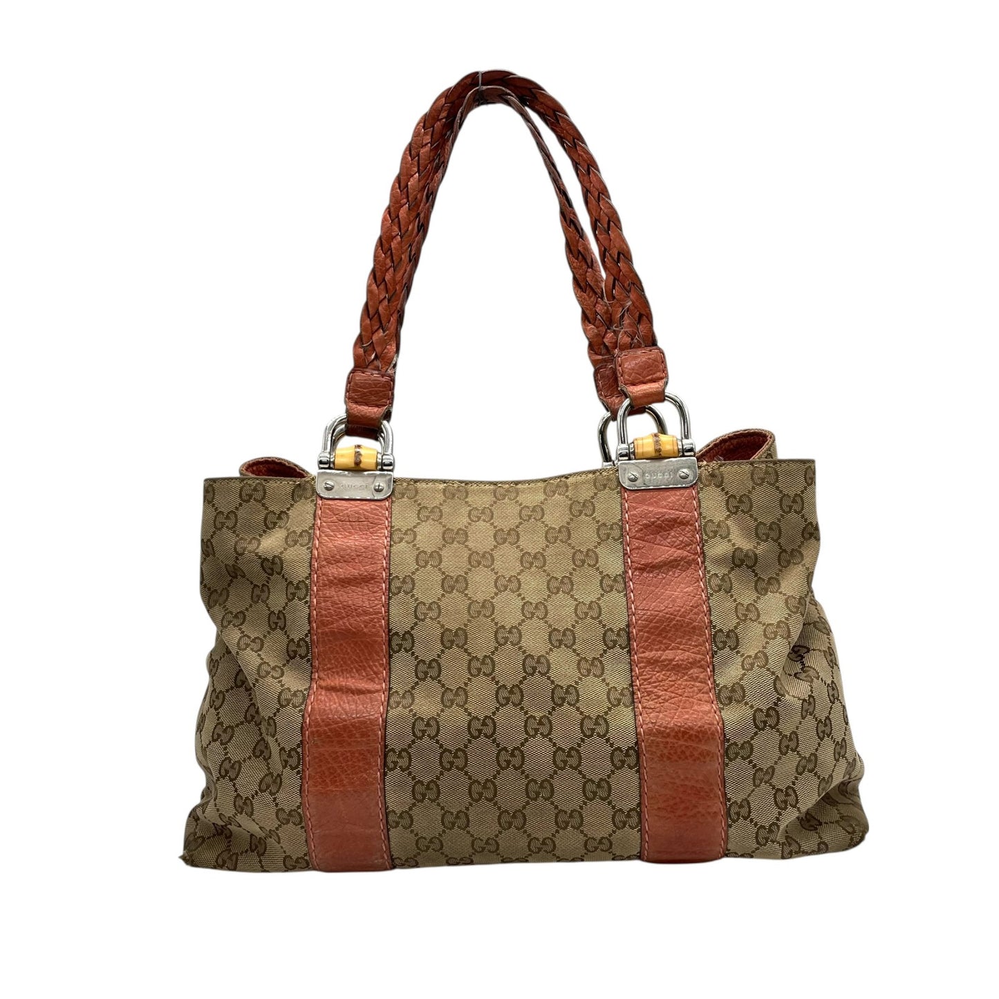 GUCCI グッチ GGキャンバス バンブー トートバッグ レザー ブラウン シルバー金具 ハンドバッグ 大容量 レディース U15