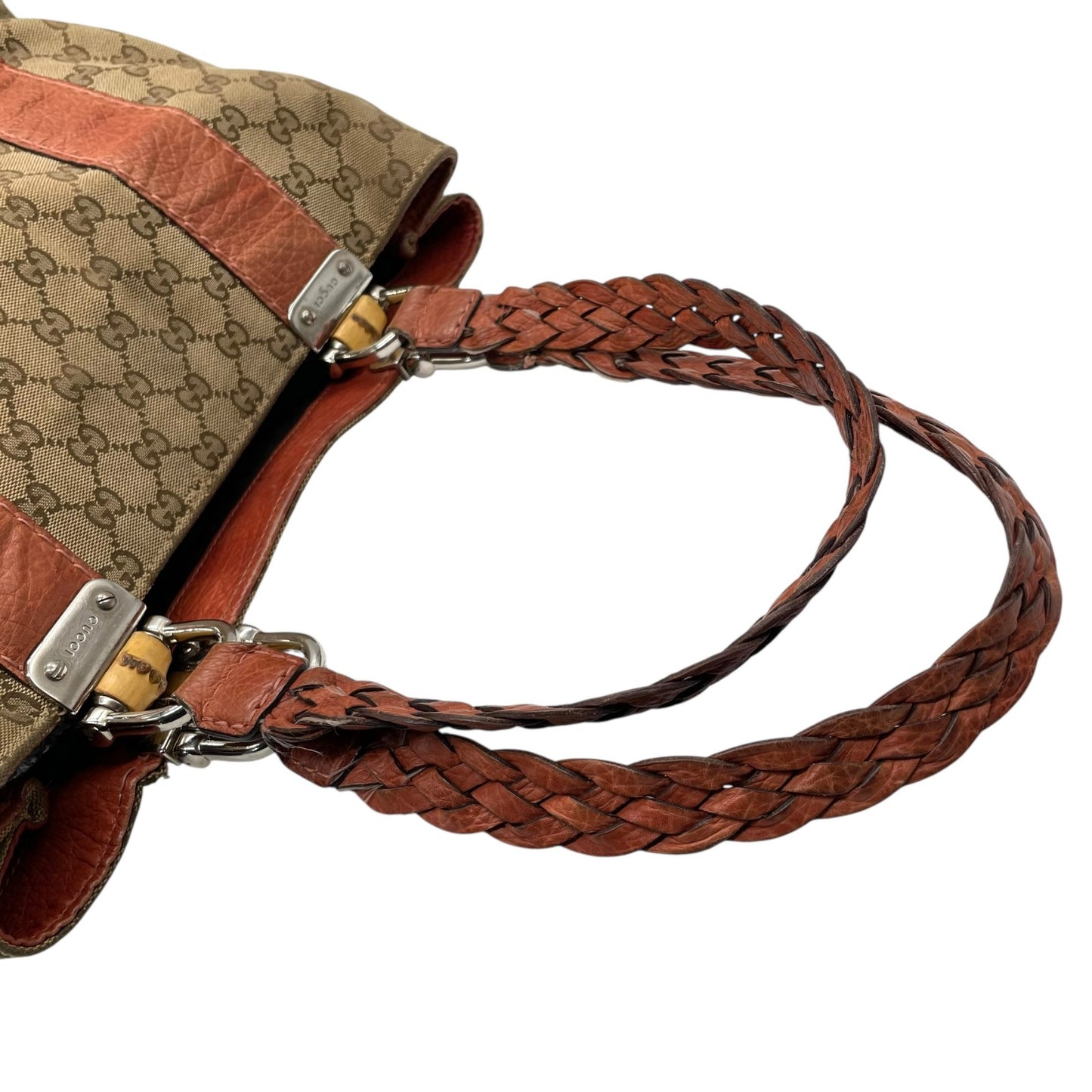 GUCCI グッチ GGキャンバス バンブー トートバッグ レザー ブラウン シルバー金具 ハンドバッグ 大容量 レディース U15