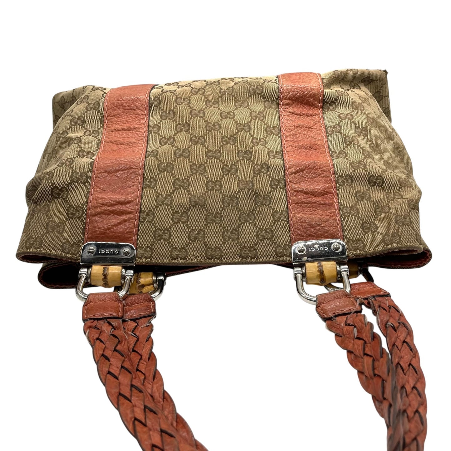 GUCCI グッチ GGキャンバス バンブー トートバッグ レザー ブラウン シルバー金具 ハンドバッグ 大容量 レディース U15