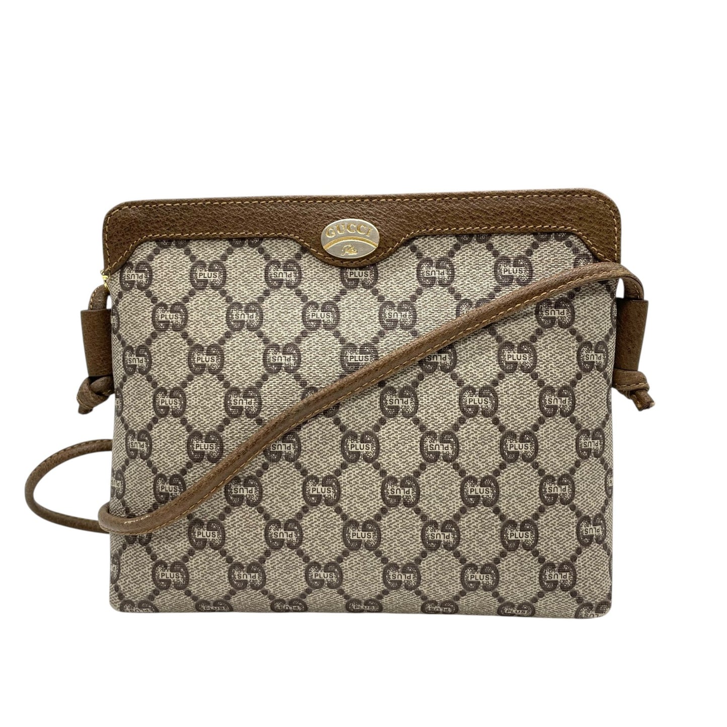 Gucci Plus GGプラス グッチプラス PVC レザー ショルダーバッグ モノグラム クラシック ベージュ グレー ブラウン ゴールド金具 斜め掛け レディース Z1