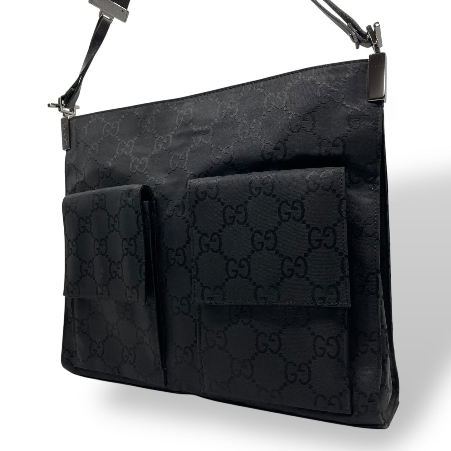GUCCI グッチ GG柄 ナイロン レザー ショルダーバッグ ブラック ダブルポケット シルバー金具 斜め掛け メンズ レディース ユニセックス E8