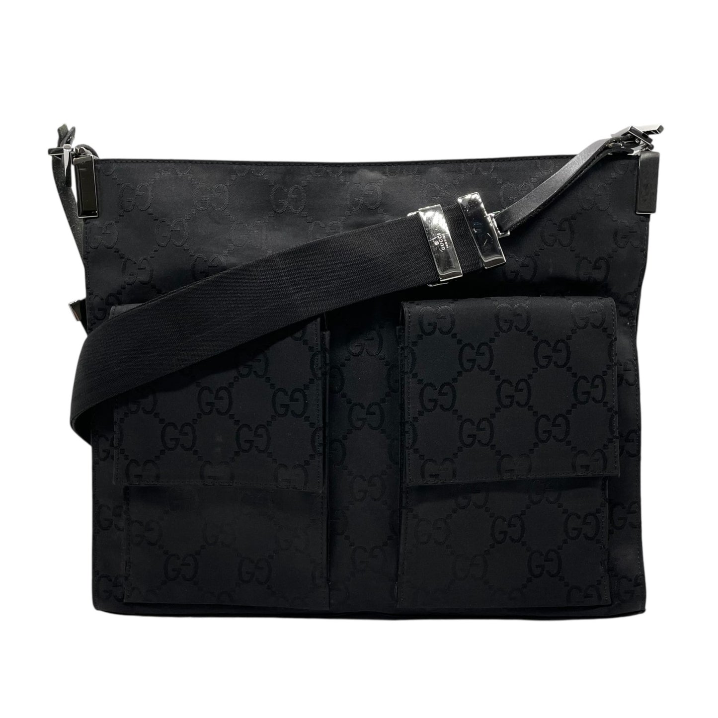 GUCCI グッチ GG柄 ナイロン レザー ショルダーバッグ ブラック ダブルポケット シルバー金具 斜め掛け メンズ レディース ユニセックス E8
