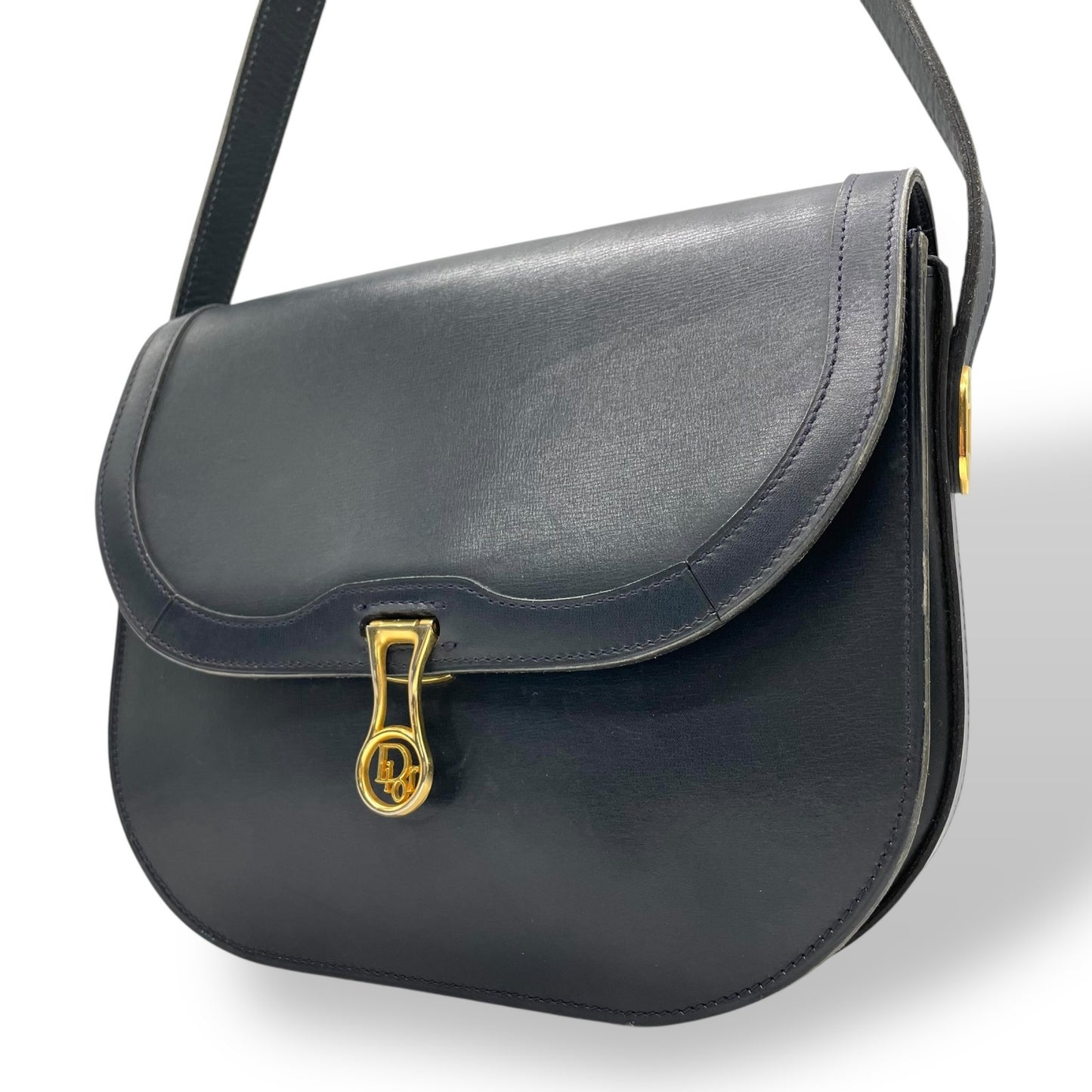 Christian Dior クリスチャンディオール レザー フラップ ショルダーバッグ ネイビー ゴールド金具 ロゴ金具 クラシック 斜め掛け レディース K11