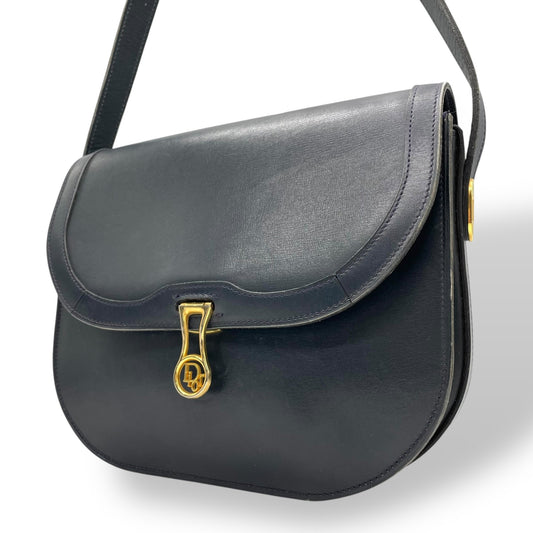 Christian Dior クリスチャンディオール レザー フラップ ショルダーバッグ ネイビー ゴールド金具 ロゴ金具 クラシック 斜め掛け レディース K11