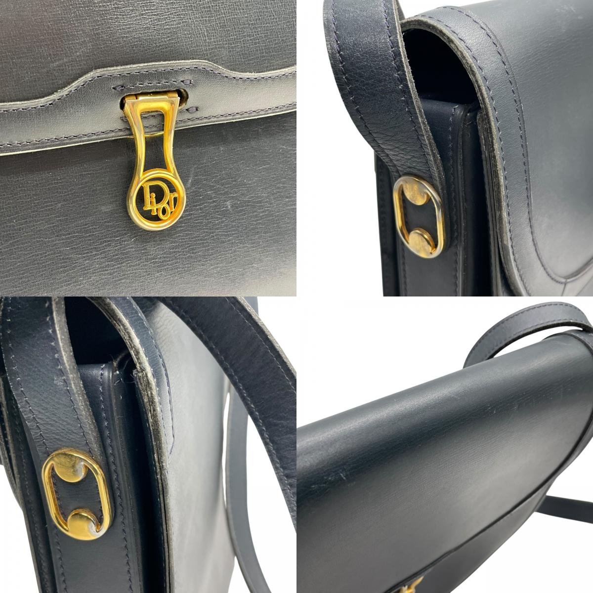 Christian Dior クリスチャンディオール レザー フラップ ショルダーバッグ ネイビー ゴールド金具 ロゴ金具 クラシック 斜め掛け レディース K11
