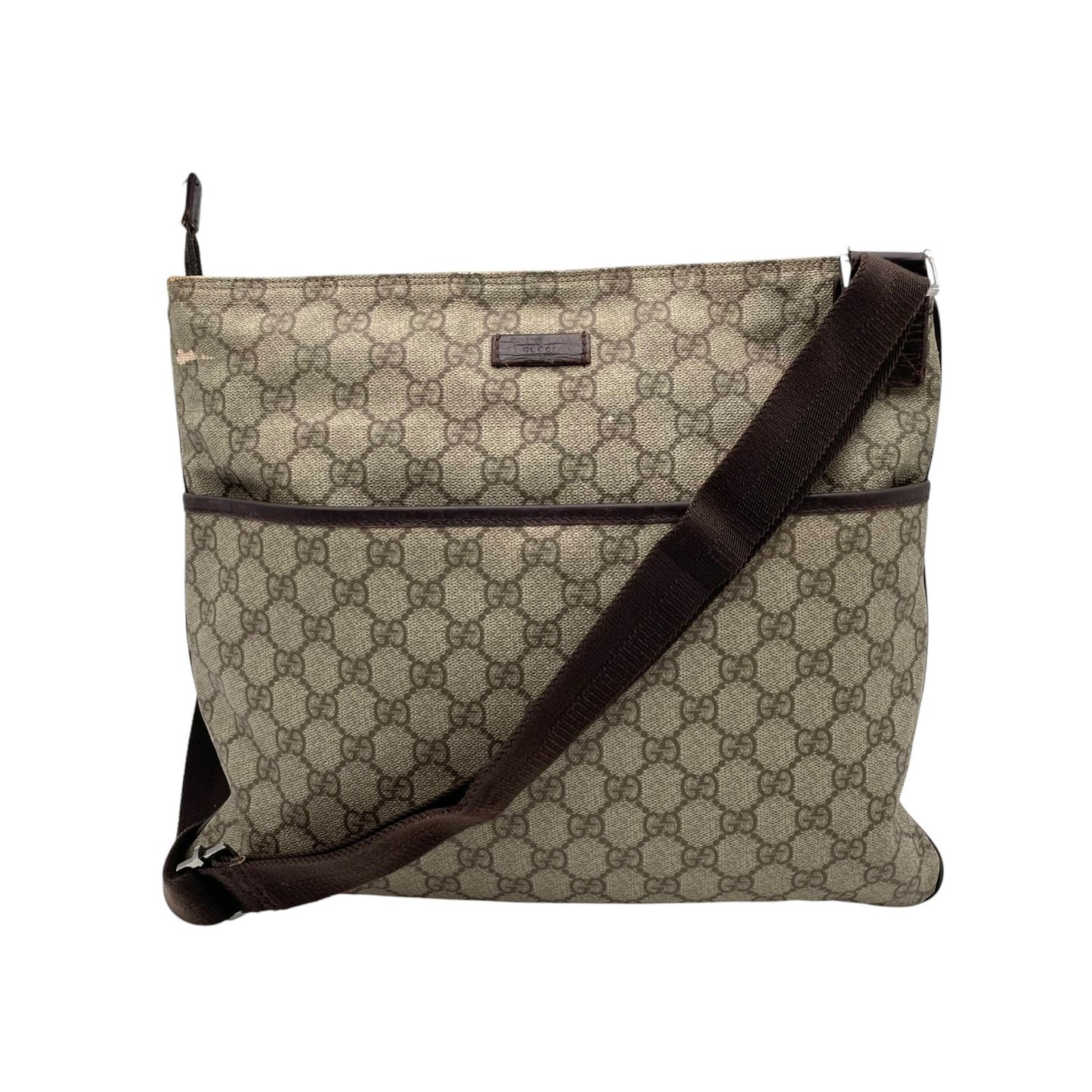 GUCCI グッチ バッグ GGスプリーム ショルダーバッグ 斜め掛け 肩掛け メッセンジャーバッグ スクエア型 PVC レザー ベージュ ブラウン 茶系 シルバー金具 ビンテージ クラシック エレガント スタイリッシュ カジュアル E2