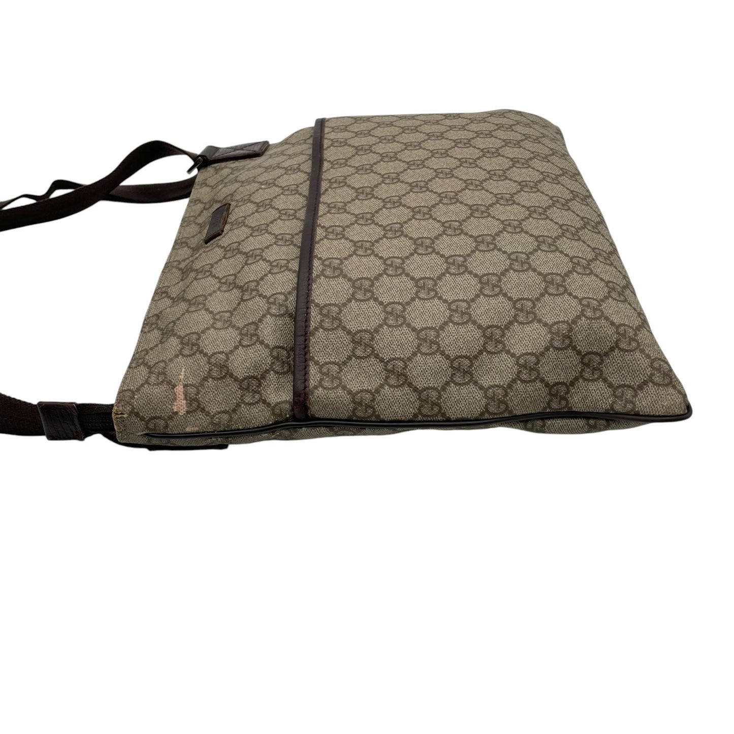 GUCCI グッチ バッグ GGスプリーム ショルダーバッグ 斜め掛け 肩掛け メッセンジャーバッグ スクエア型 PVC レザー ベージュ ブラウン 茶系 シルバー金具 ビンテージ クラシック エレガント スタイリッシュ カジュアル E2