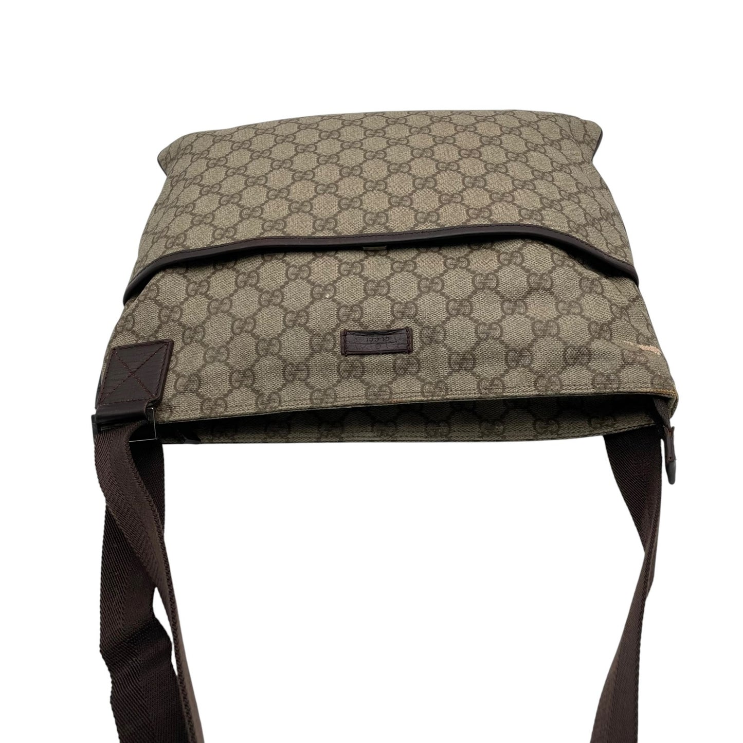 GUCCI グッチ バッグ GGスプリーム ショルダーバッグ 斜め掛け 肩掛け メッセンジャーバッグ スクエア型 PVC レザー ベージュ ブラウン 茶系 シルバー金具 ビンテージ クラシック エレガント スタイリッシュ カジュアル E2