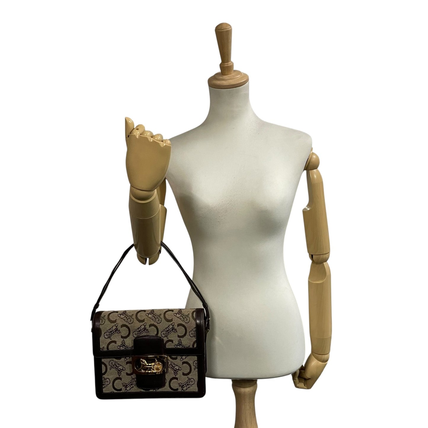 CELINE セリーヌ Cマカダム サルキー ショルダーバッグ キャンバス レザー ブラウン ゴールド金具 ヴィンテージ フラップバッグ 馬車金具 レディース K5