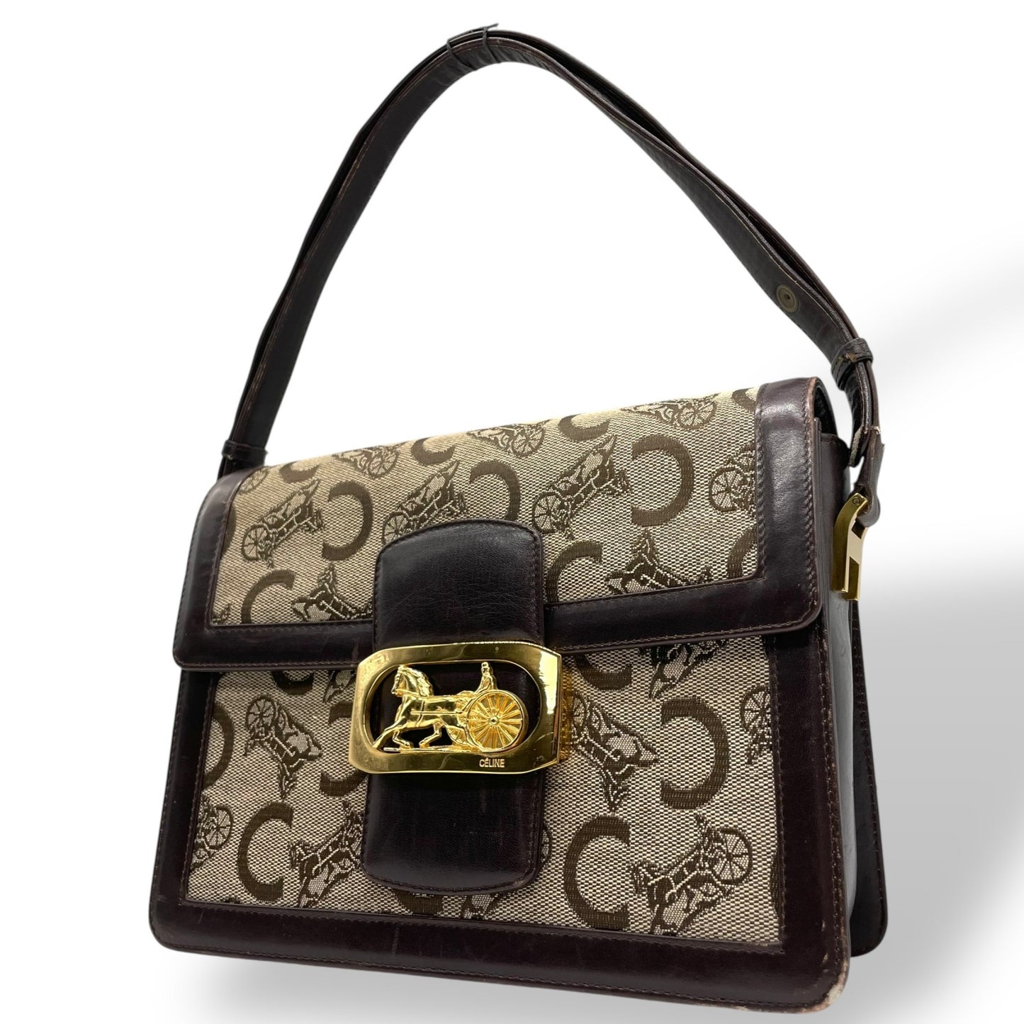 CELINE セリーヌ Cマカダム サルキー ショルダーバッグ キャンバス レザー ブラウン ゴールド金具 ヴィンテージ フラップバッグ 馬車金具 レディース K5