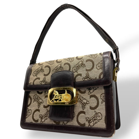 CELINE セリーヌ Cマカダム サルキー ショルダーバッグ キャンバス レザー ブラウン ゴールド金具 ヴィンテージ フラップバッグ 馬車金具 レディース K5