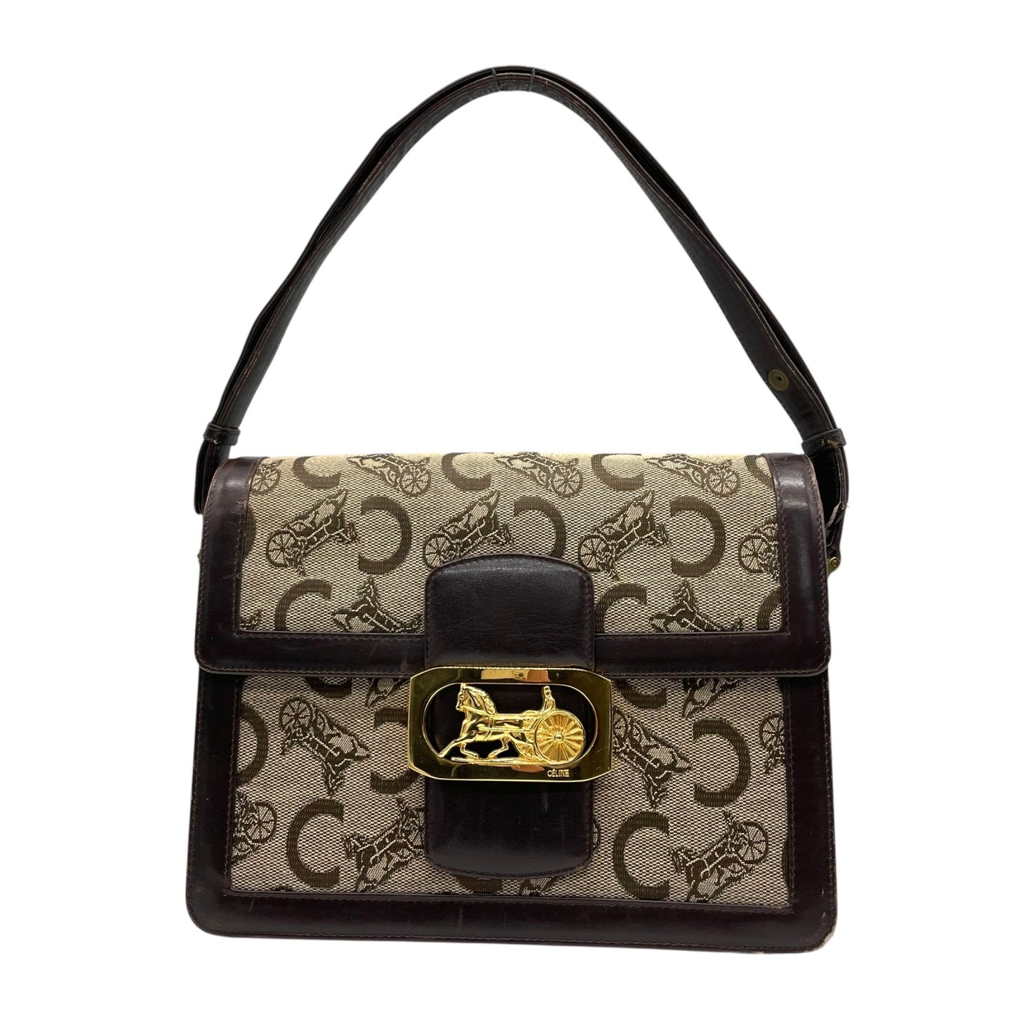 CELINE セリーヌ Cマカダム サルキー ショルダーバッグ キャンバス レザー ブラウン ゴールド金具 ヴィンテージ フラップバッグ 馬車金具 レディース K5