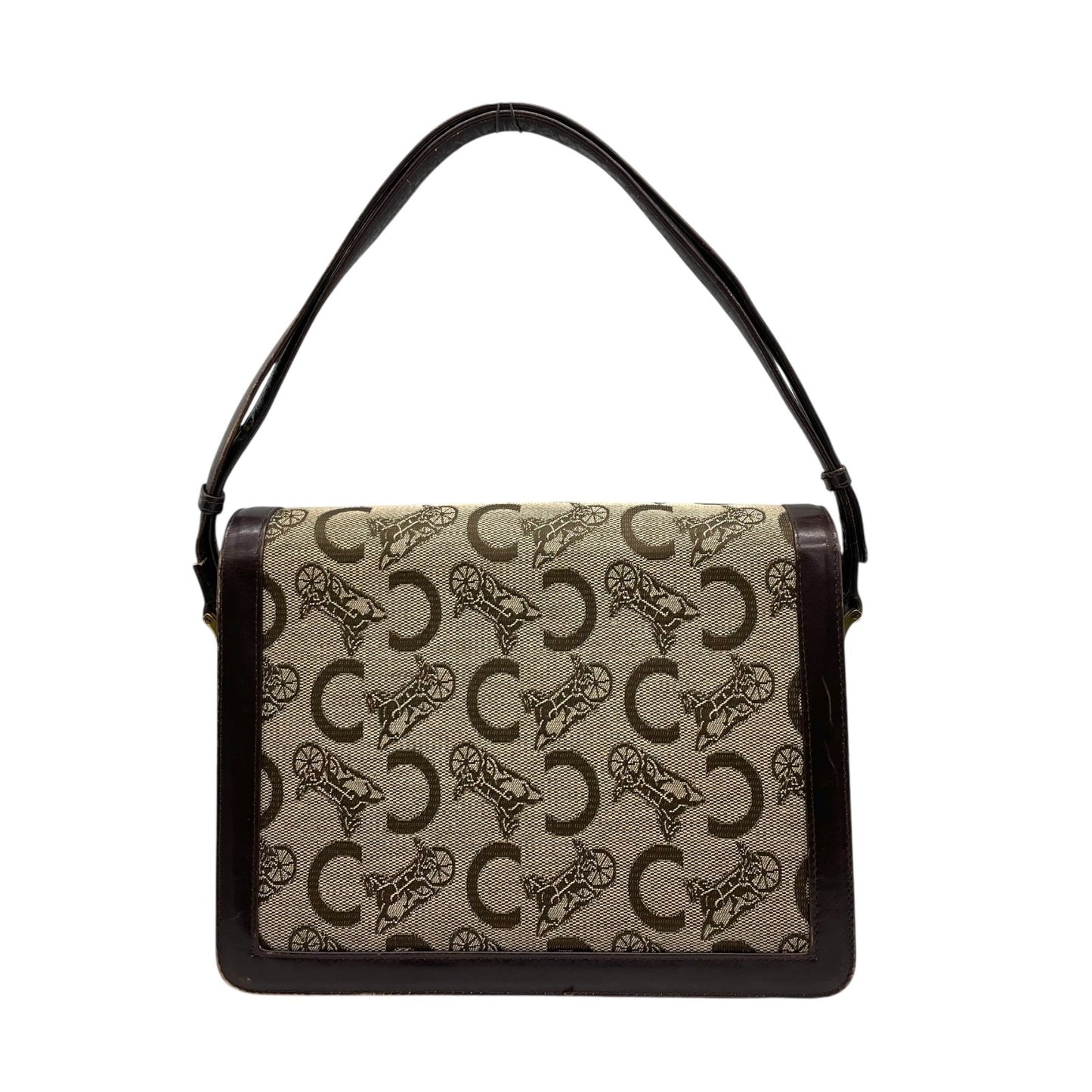 CELINE セリーヌ Cマカダム サルキー ショルダーバッグ キャンバス レザー ブラウン ゴールド金具 ヴィンテージ フラップバッグ 馬車金具 レディース K5