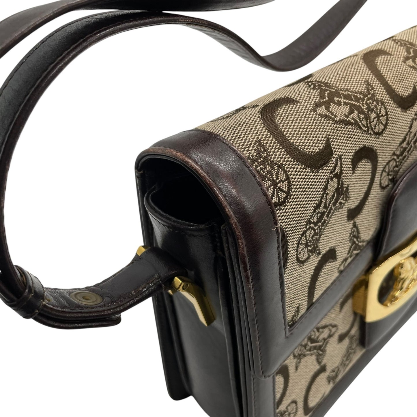 CELINE セリーヌ Cマカダム サルキー ショルダーバッグ キャンバス レザー ブラウン ゴールド金具 ヴィンテージ フラップバッグ 馬車金具 レディース K5