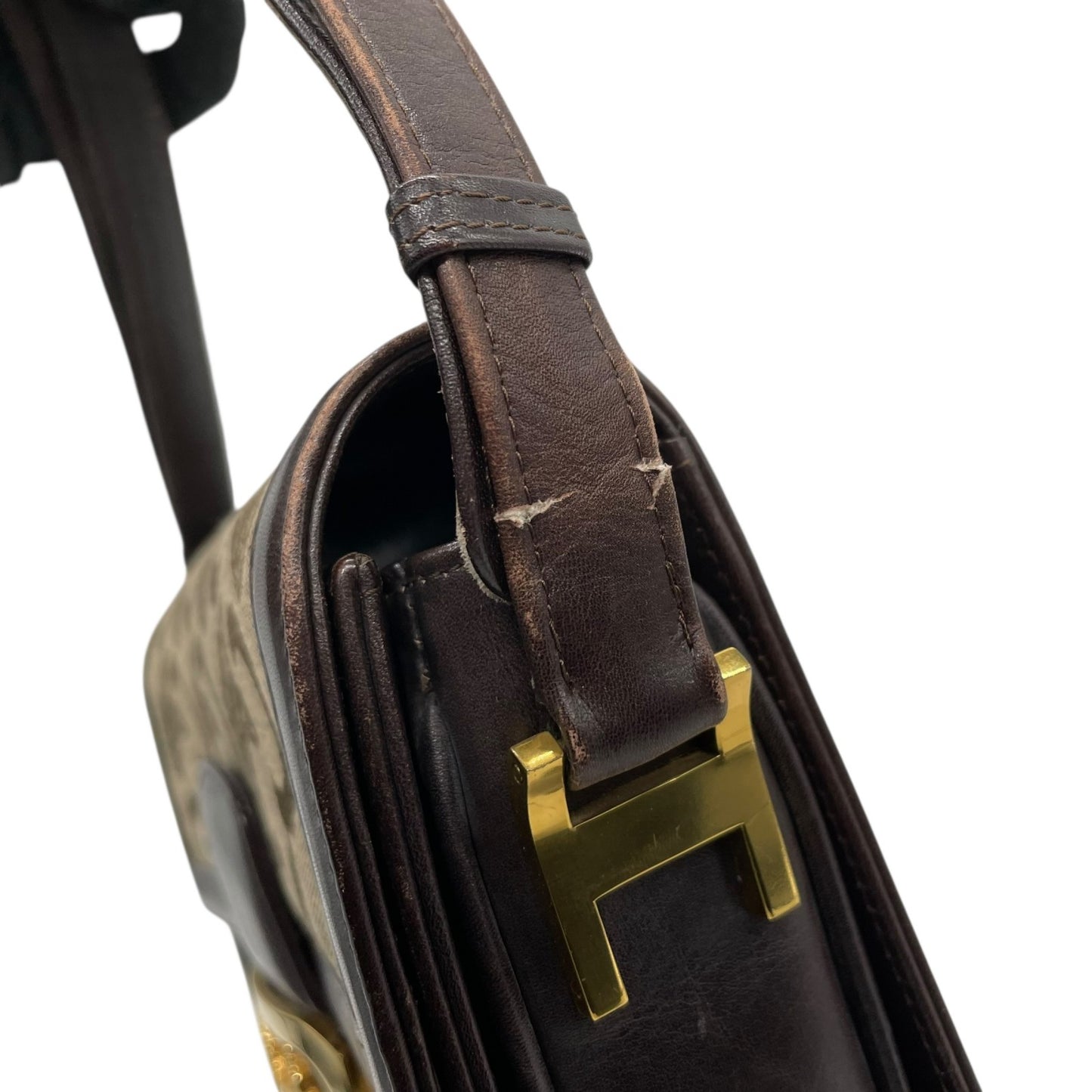 CELINE セリーヌ Cマカダム サルキー ショルダーバッグ キャンバス レザー ブラウン ゴールド金具 ヴィンテージ フラップバッグ 馬車金具 レディース K5