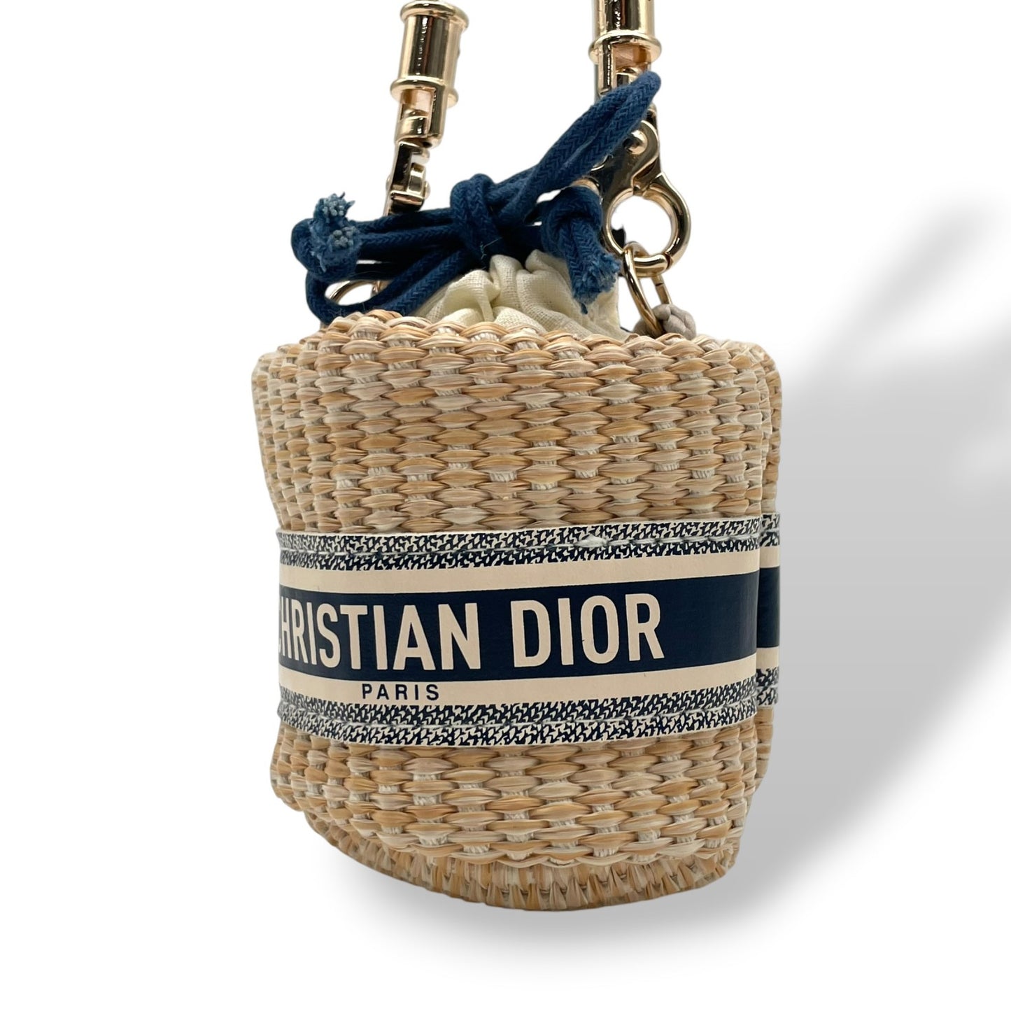 【美品】 クリスチャンディオール Christian Dior ノベルティ ストローポーチ ショルダーバッグ ポシェット ミニバッグ かご ベージュ ネイビー ゴールド金具 ロゴ クロスボディ 斜め掛け カジュアル レディース 人気 希少 巾着 鞄 K9