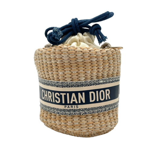 【美品】 クリスチャンディオール Christian Dior ノベルティ ストローポーチ ショルダーバッグ ポシェット ミニバッグ かご ベージュ ネイビー ゴールド金具 ロゴ クロスボディ 斜め掛け カジュアル レディース 人気 希少 巾着 鞄 K9