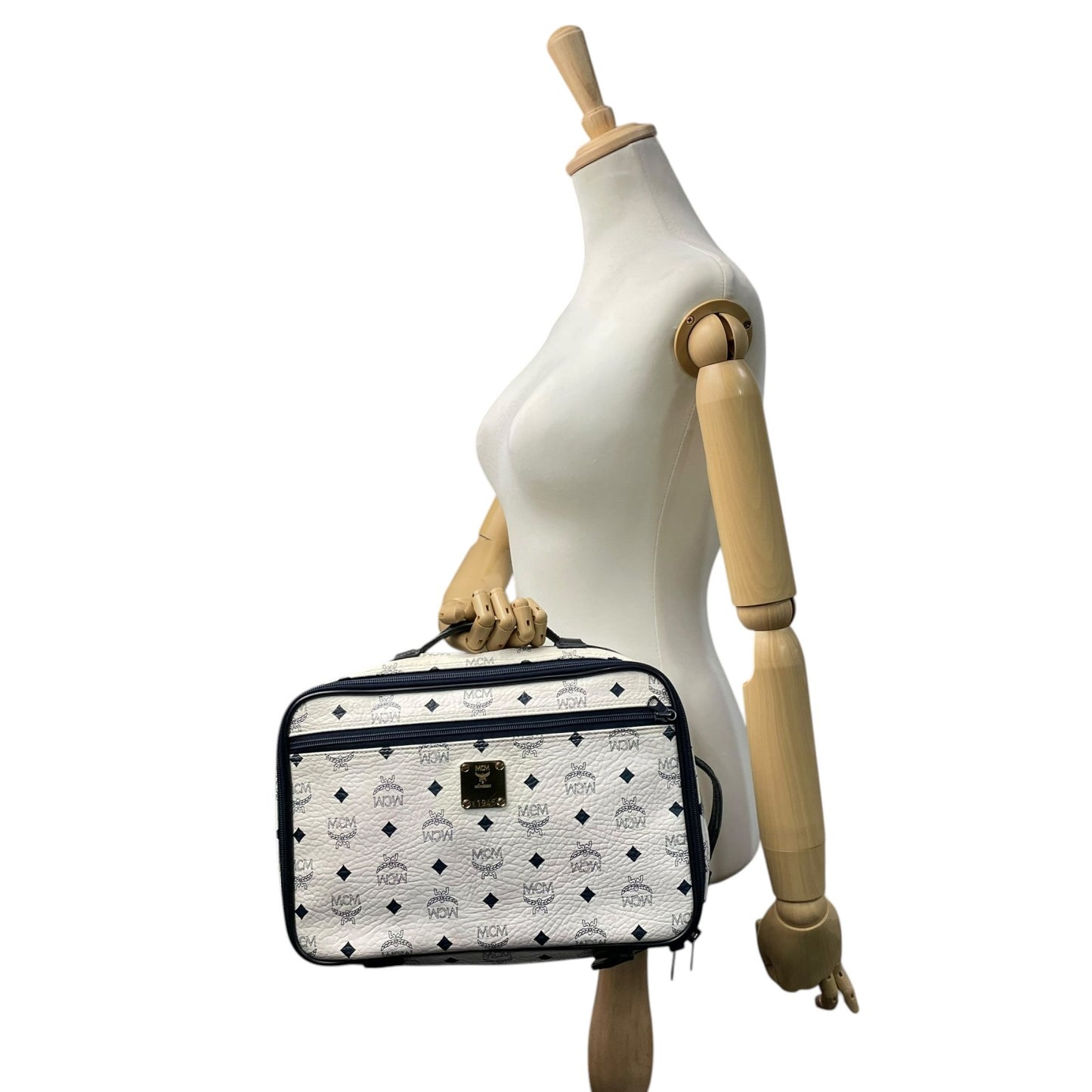 [良品] MCM エムシーエム ハンドバッグ ビジネスバッグ ヴィセトス モノグラム レザー ホワイト ネイビー ゴールド金具 ヴィンテージ クラシック エレガント 自立可 カバン 鞄 レディース メンズ ユニセックス 旅行 通勤 通学 トラベル U5
