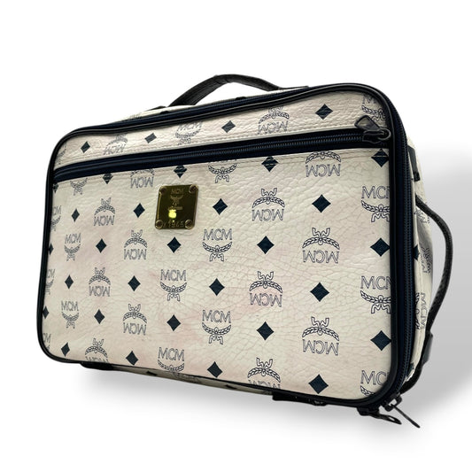 [良品] MCM エムシーエム ハンドバッグ ビジネスバッグ ヴィセトス モノグラム レザー ホワイト ネイビー ゴールド金具 ヴィンテージ クラシック エレガント 自立可 カバン 鞄 レディース メンズ ユニセックス 旅行 通勤 通学 トラベル U5