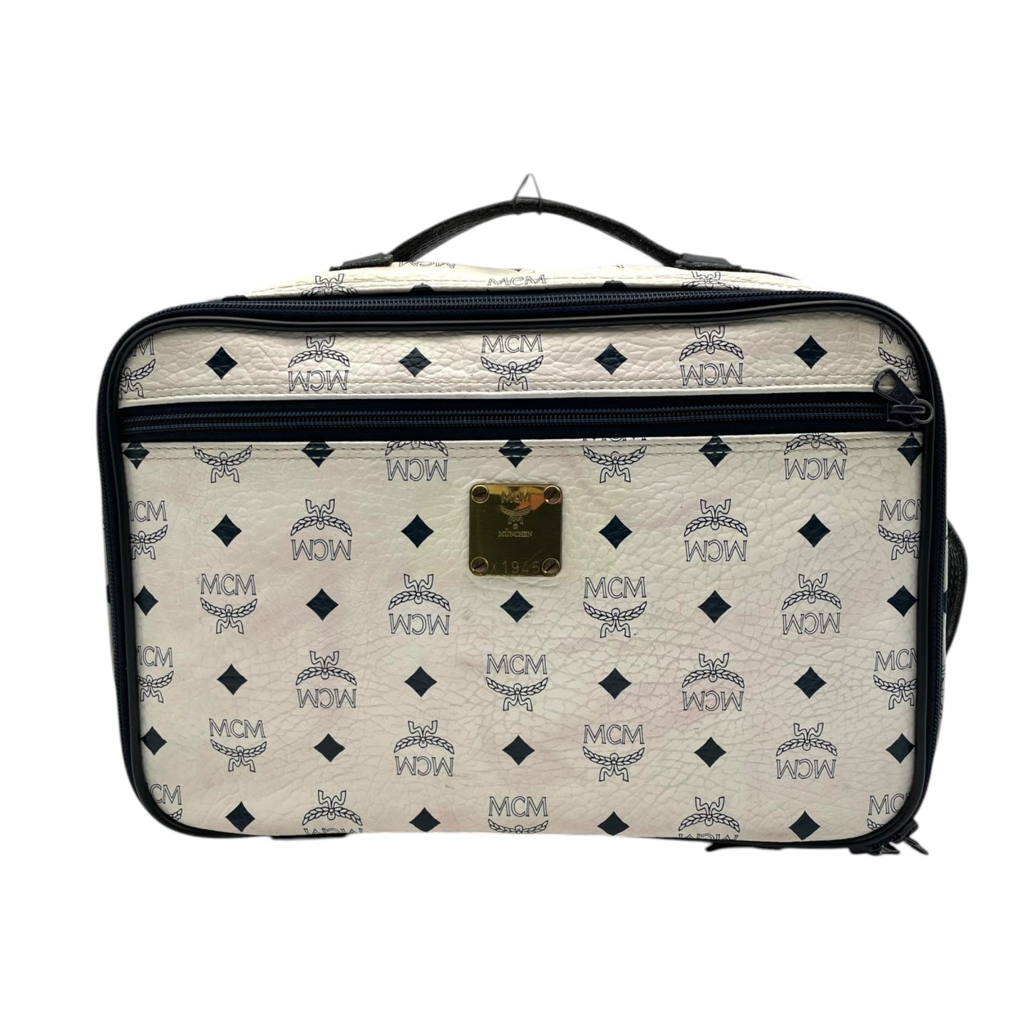 [良品] MCM エムシーエム ハンドバッグ ビジネスバッグ ヴィセトス モノグラム レザー ホワイト ネイビー ゴールド金具 ヴィンテージ クラシック エレガント 自立可 カバン 鞄 レディース メンズ ユニセックス 旅行 通勤 通学 トラベル U5