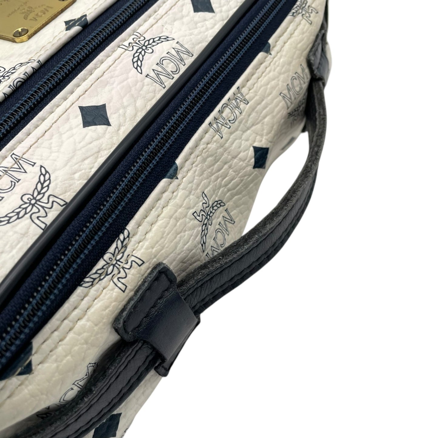 [良品] MCM エムシーエム ハンドバッグ ビジネスバッグ ヴィセトス モノグラム レザー ホワイト ネイビー ゴールド金具 ヴィンテージ クラシック エレガント 自立可 カバン 鞄 レディース メンズ ユニセックス 旅行 通勤 通学 トラベル U5