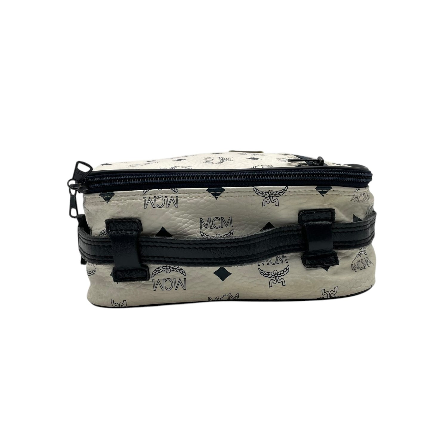 [良品] MCM エムシーエム ハンドバッグ ビジネスバッグ ヴィセトス モノグラム レザー ホワイト ネイビー ゴールド金具 ヴィンテージ クラシック エレガント 自立可 カバン 鞄 レディース メンズ ユニセックス 旅行 通勤 通学 トラベル U5