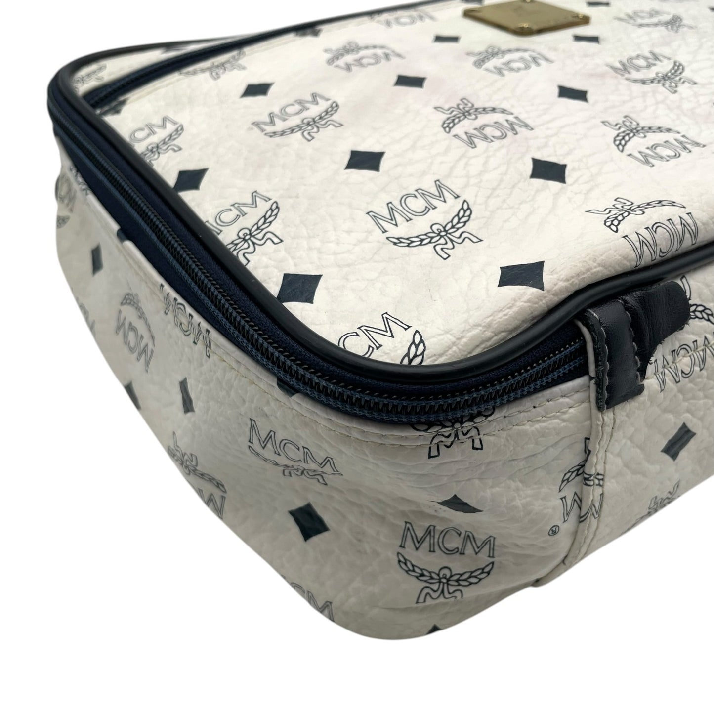 [良品] MCM エムシーエム ハンドバッグ ビジネスバッグ ヴィセトス モノグラム レザー ホワイト ネイビー ゴールド金具 ヴィンテージ クラシック エレガント 自立可 カバン 鞄 レディース メンズ ユニセックス 旅行 通勤 通学 トラベル U5