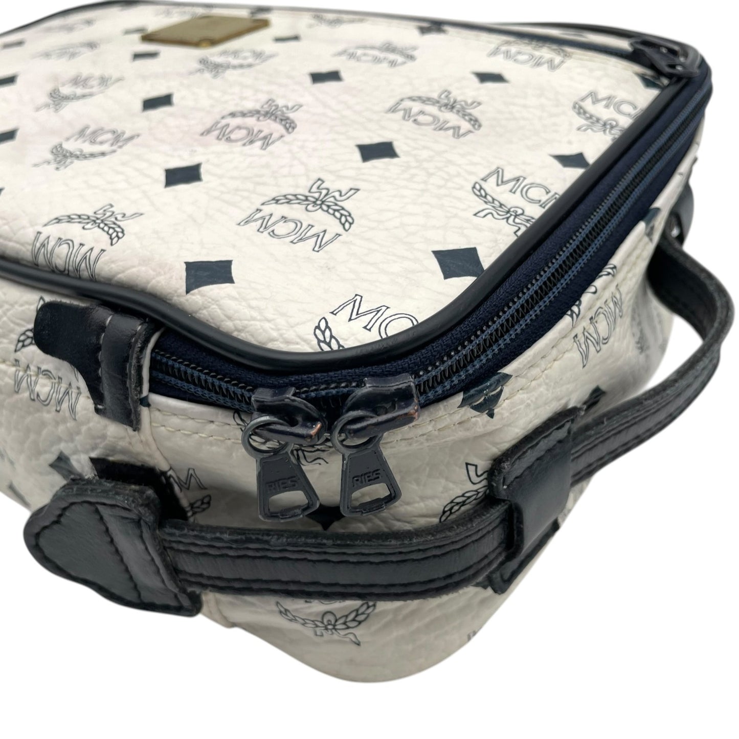 [良品] MCM エムシーエム ハンドバッグ ビジネスバッグ ヴィセトス モノグラム レザー ホワイト ネイビー ゴールド金具 ヴィンテージ クラシック エレガント 自立可 カバン 鞄 レディース メンズ ユニセックス 旅行 通勤 通学 トラベル U5