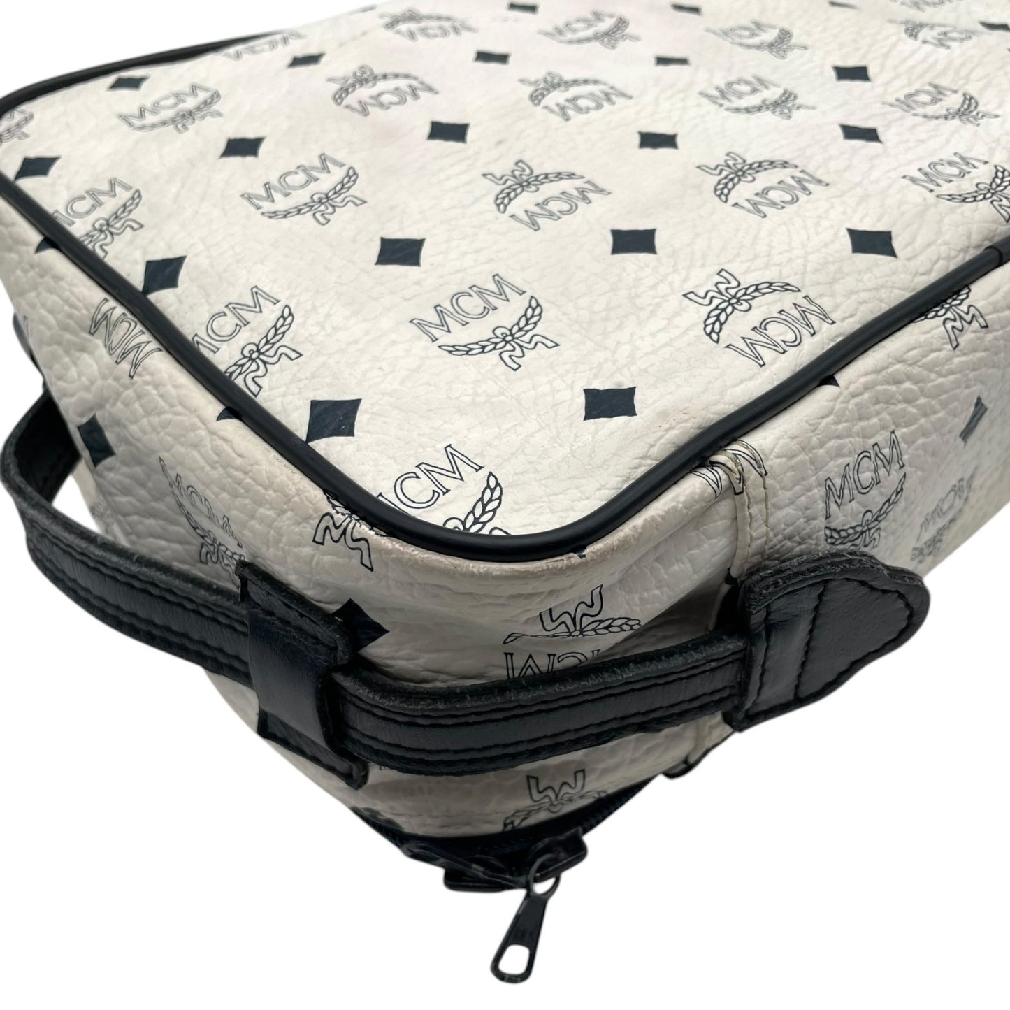 [良品] MCM エムシーエム ハンドバッグ ビジネスバッグ ヴィセトス モノグラム レザー ホワイト ネイビー ゴールド金具 ヴィンテージ クラシック エレガント 自立可 カバン 鞄 レディース メンズ ユニセックス 旅行 通勤 通学 トラベル U5