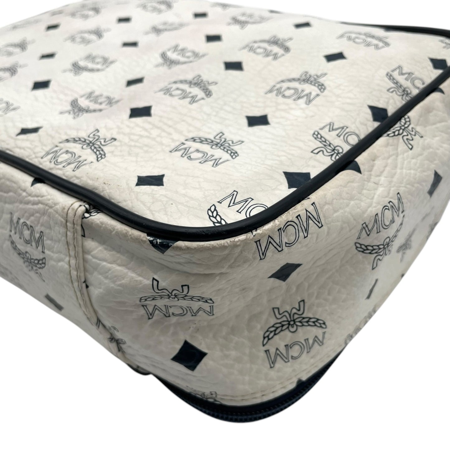 [良品] MCM エムシーエム ハンドバッグ ビジネスバッグ ヴィセトス モノグラム レザー ホワイト ネイビー ゴールド金具 ヴィンテージ クラシック エレガント 自立可 カバン 鞄 レディース メンズ ユニセックス 旅行 通勤 通学 トラベル U5
